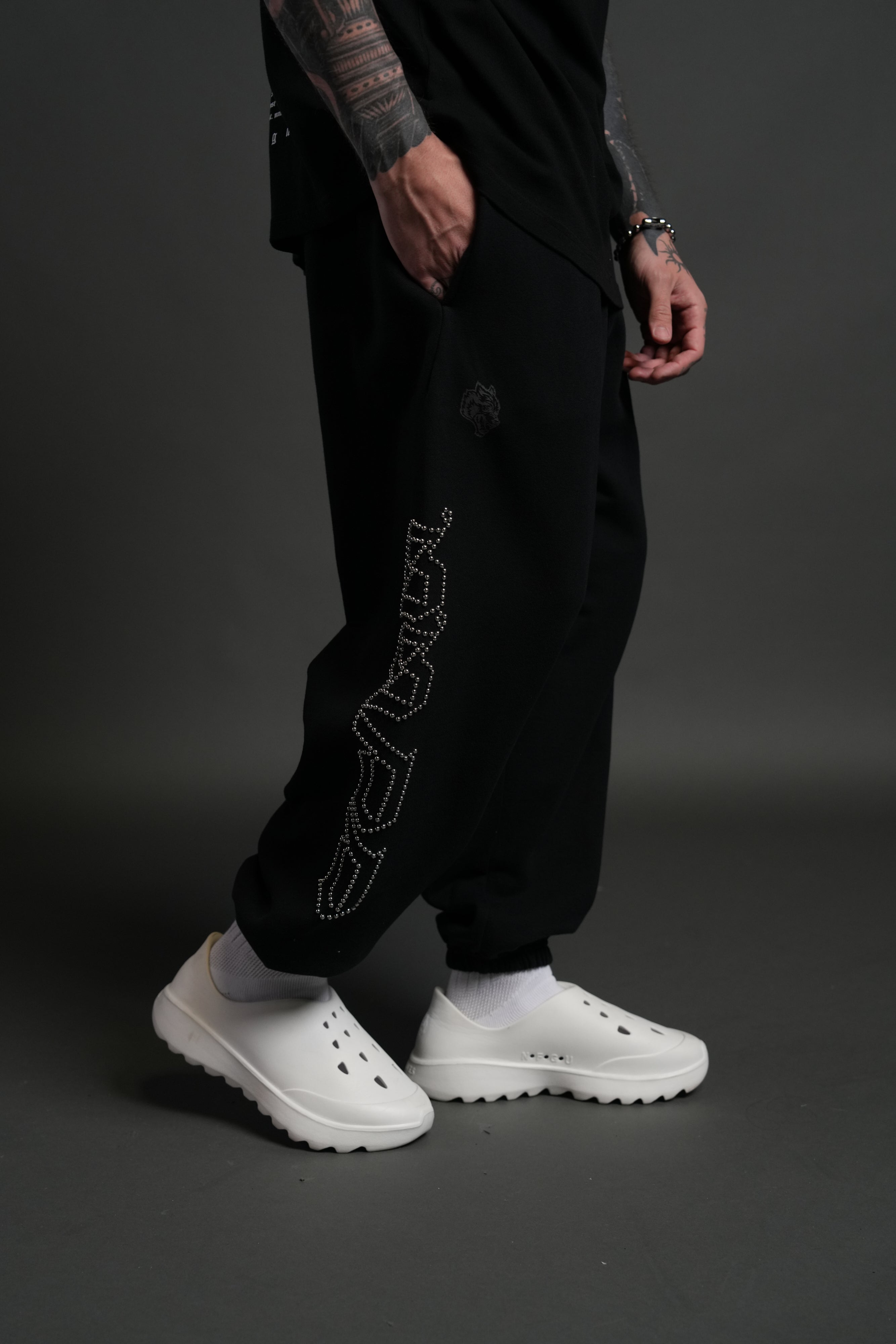 Studded Our Mantra Unisex Lounger Sweat Pants in Black Drift Wash