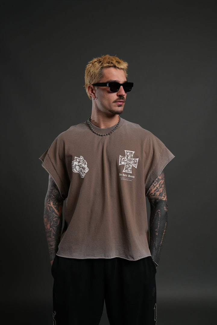 Iron Wolf Pack Grunge Cut-Off Tee in Mojave Brown
