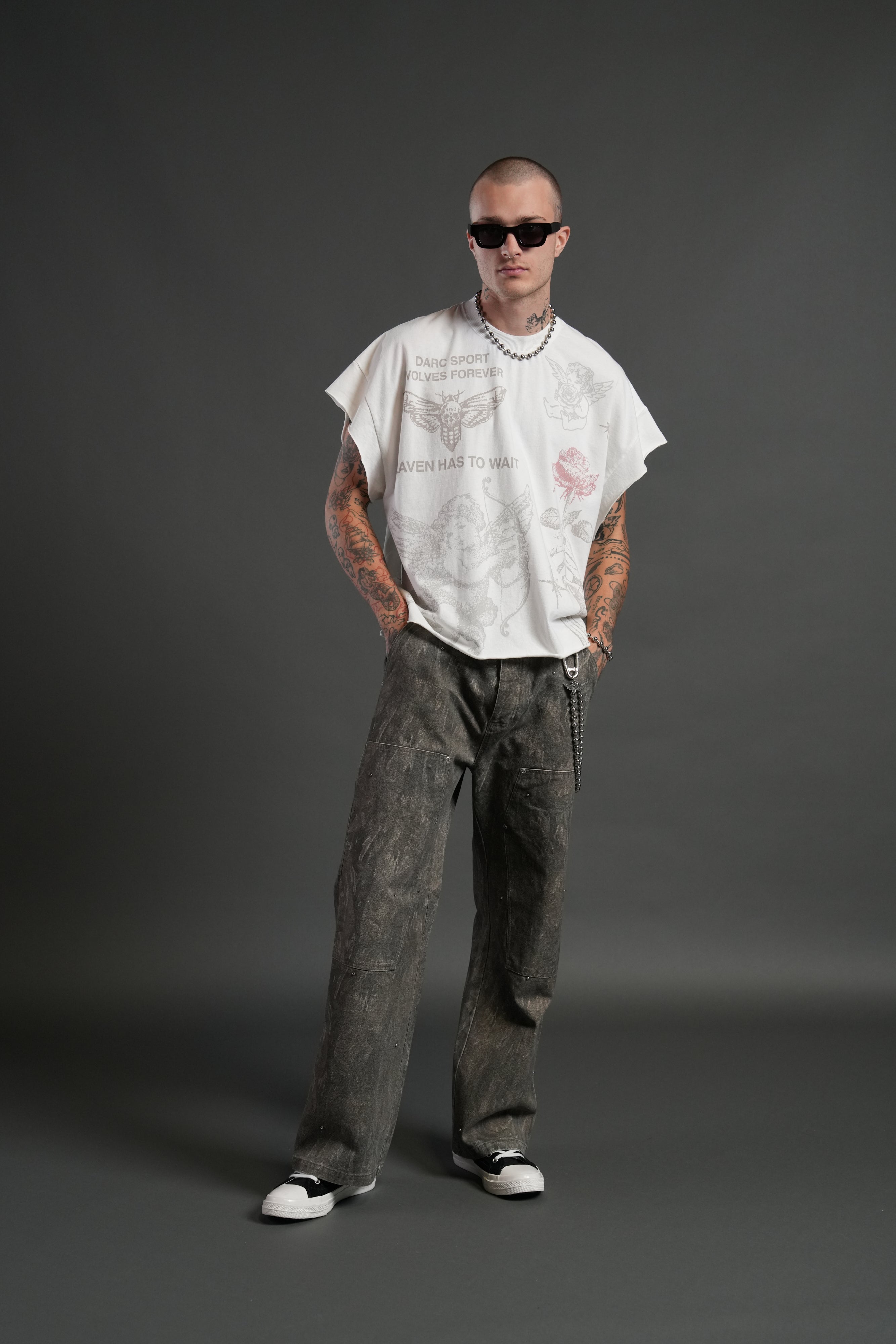 Sacred Flash Grunge Cut-Off Tee in Cream