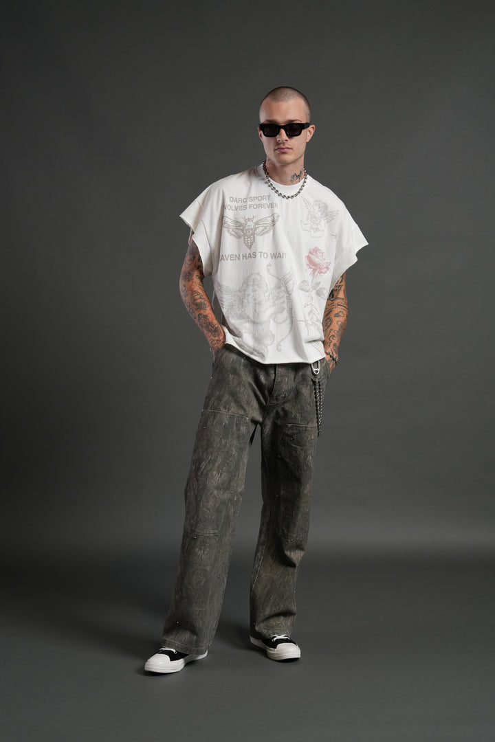 Sacred Flash Grunge Cut-Off Tee in Cream