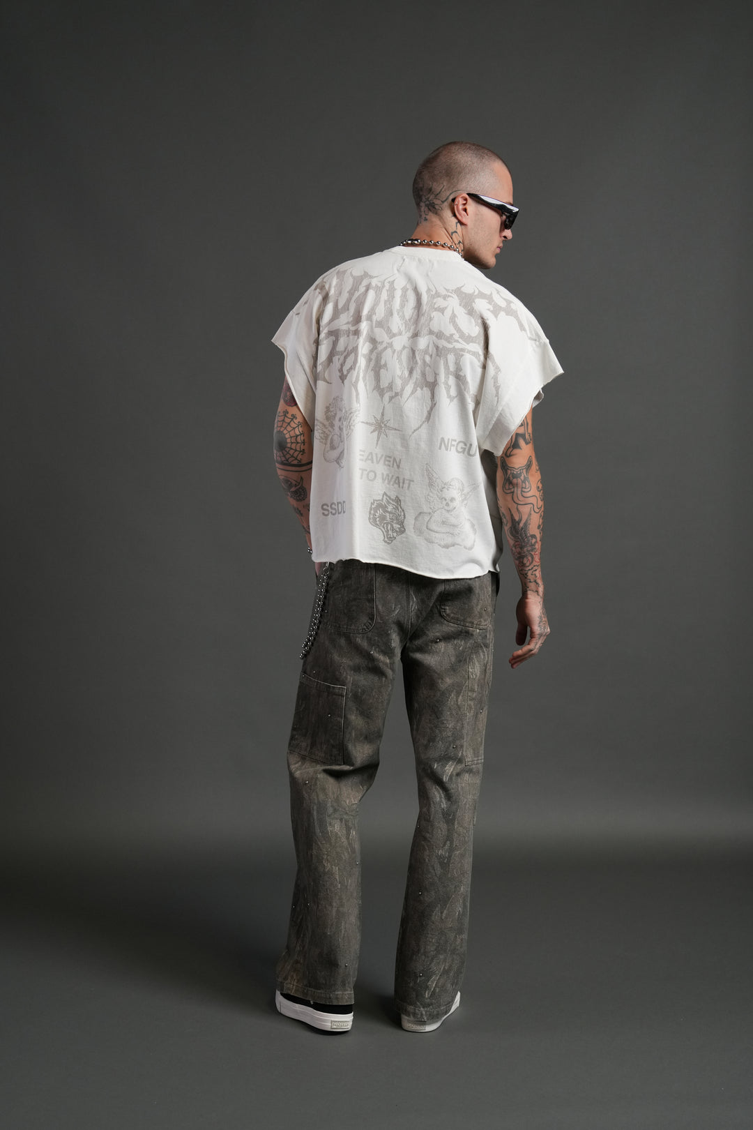 Sacred Flash Grunge Cut-Off Tee in Cream