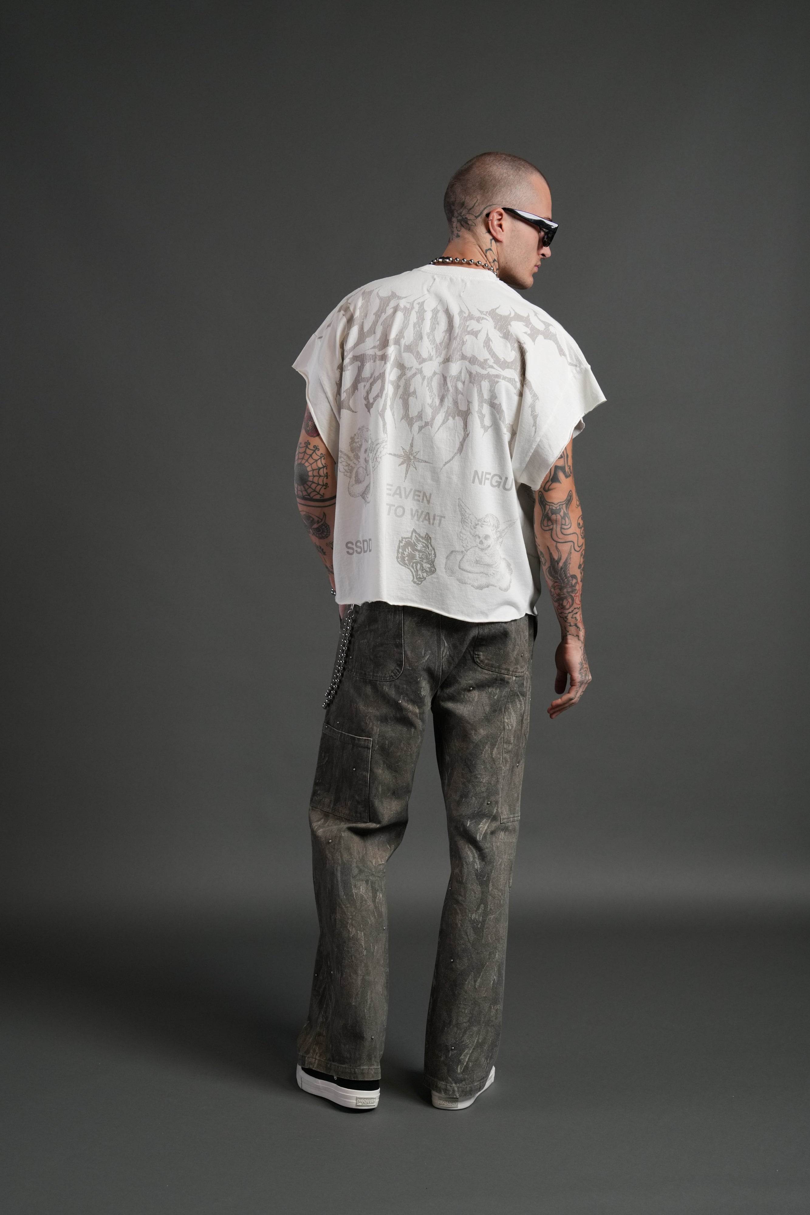 Sacred Flash Grunge Cut-Off Tee in Cream