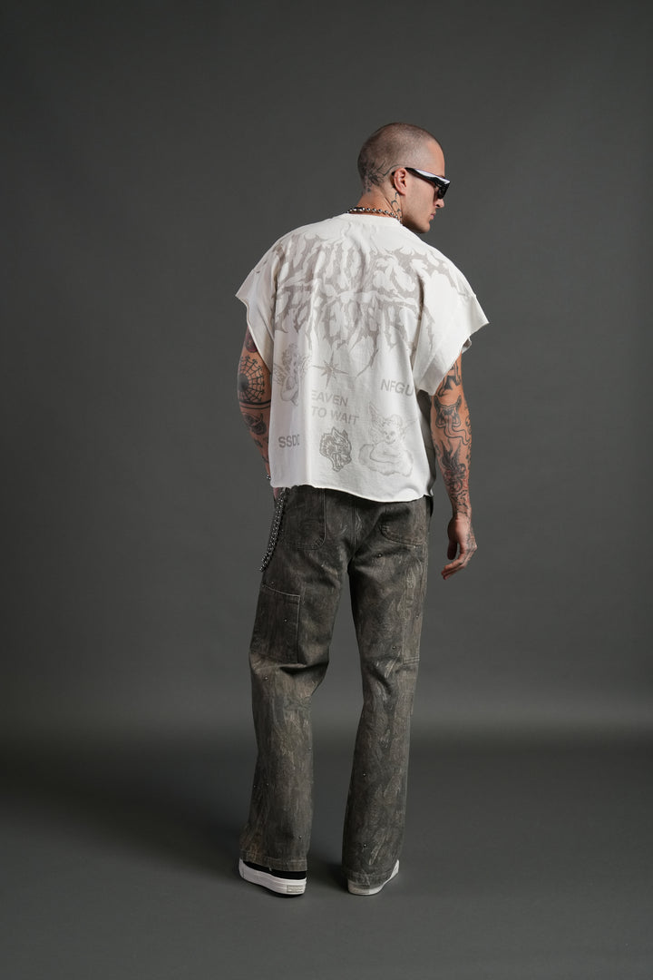 Sacred Flash Grunge Cut-Off Tee in Cream
