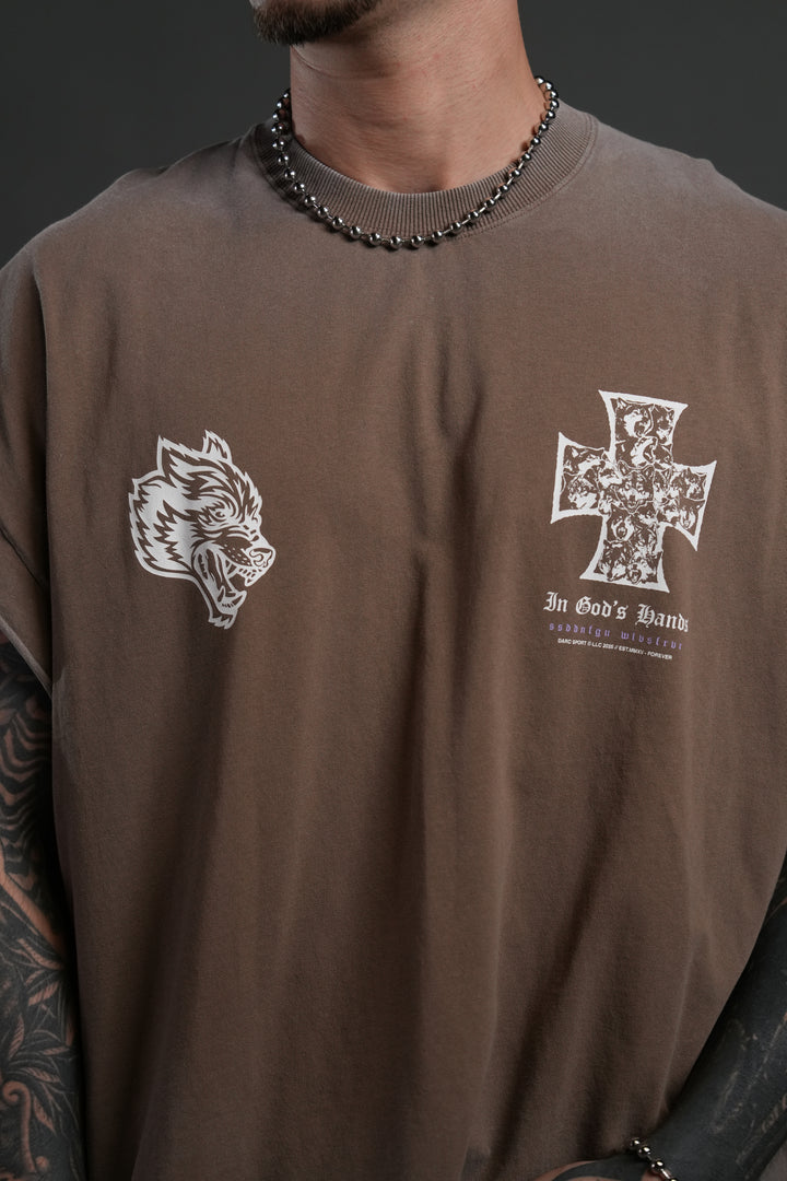 Iron Wolf Pack Grunge Cut-Off Tee in Mojave Brown