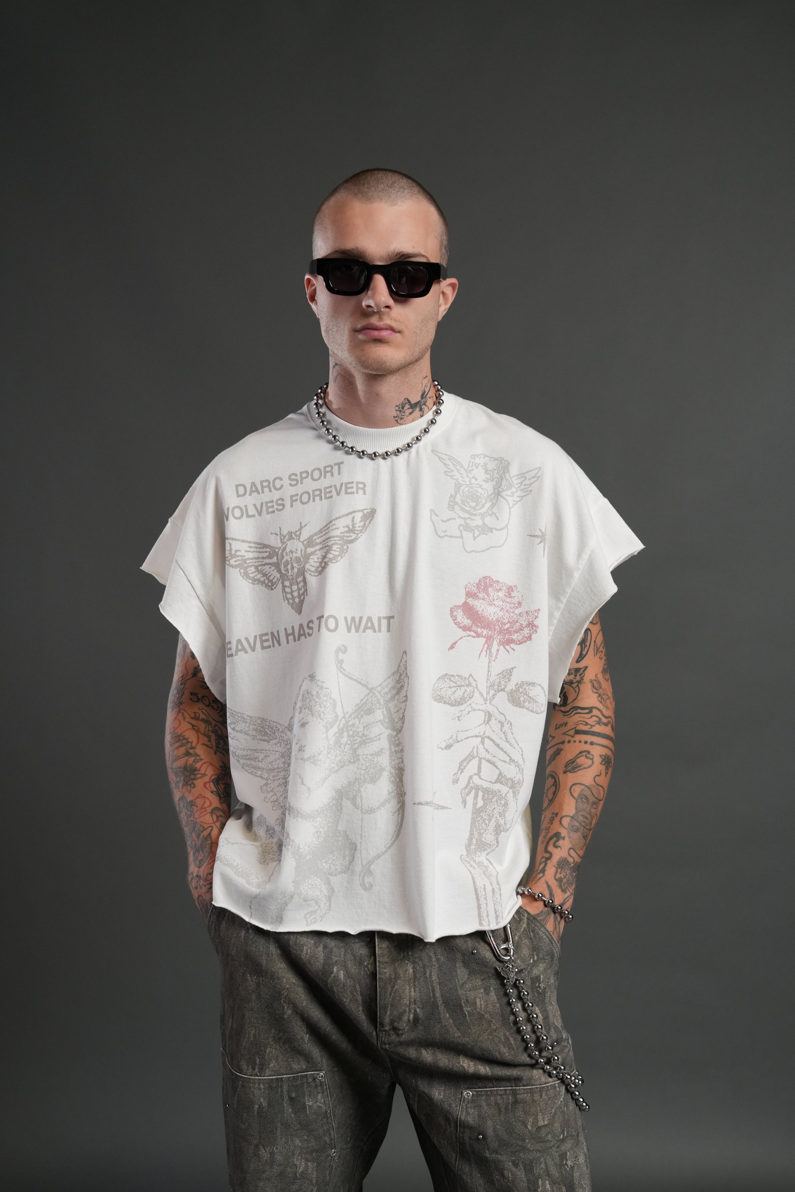 Sacred Flash Grunge Cut-Off Tee in Cream