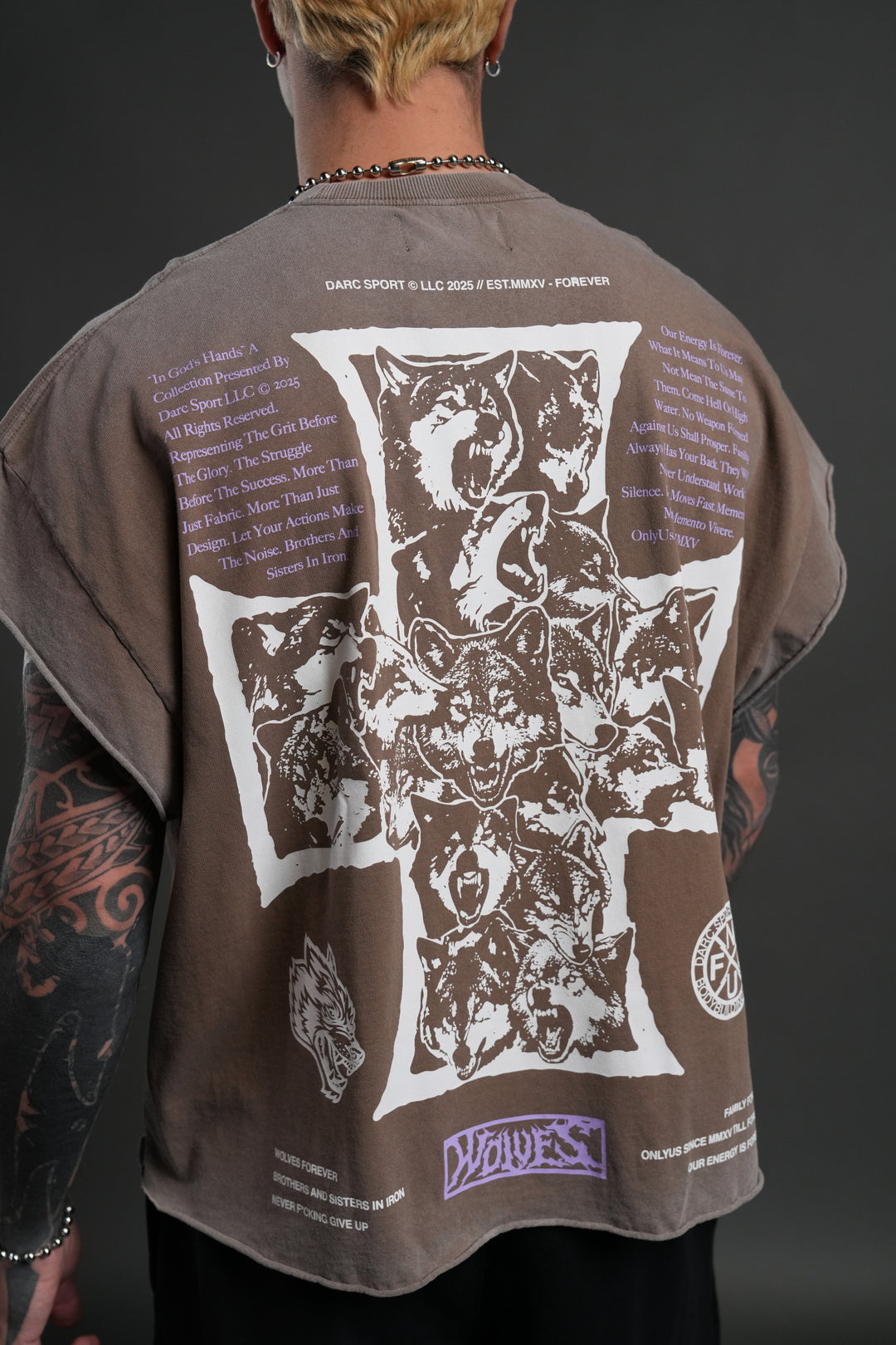 Iron Wolf Pack Grunge Cut-Off Tee in Mojave Brown