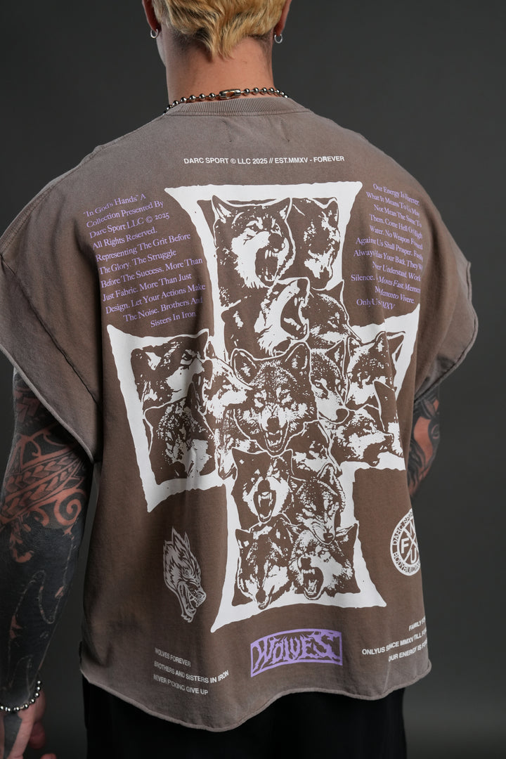 Iron Wolf Pack Grunge Cut-Off Tee in Mojave Brown