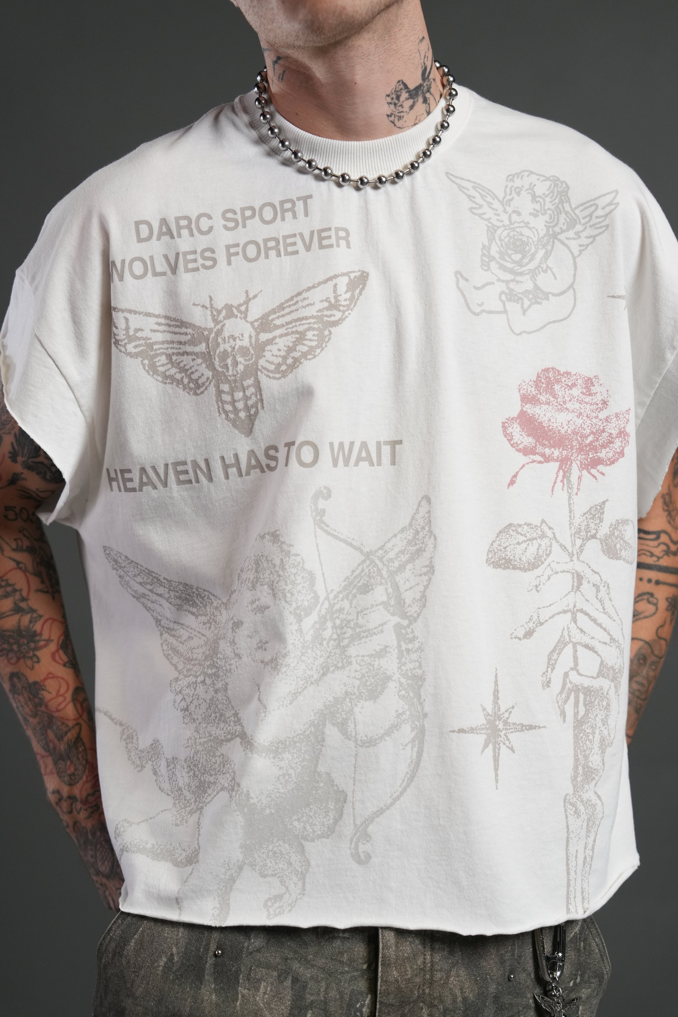 Sacred Flash Grunge Cut-Off Tee in Cream