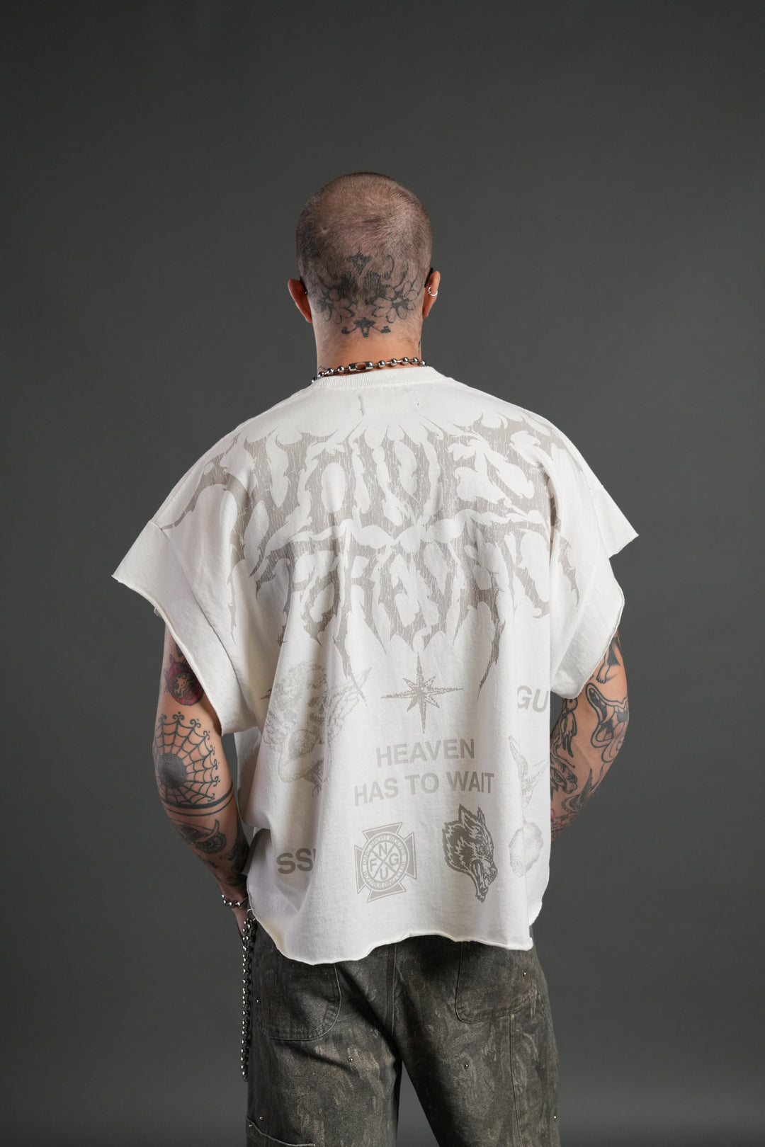 Sacred Flash Grunge Cut-Off Tee in Cream
