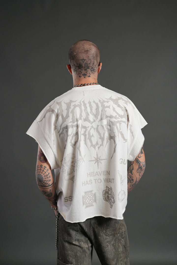 Sacred Flash Grunge Cut-Off Tee in Cream