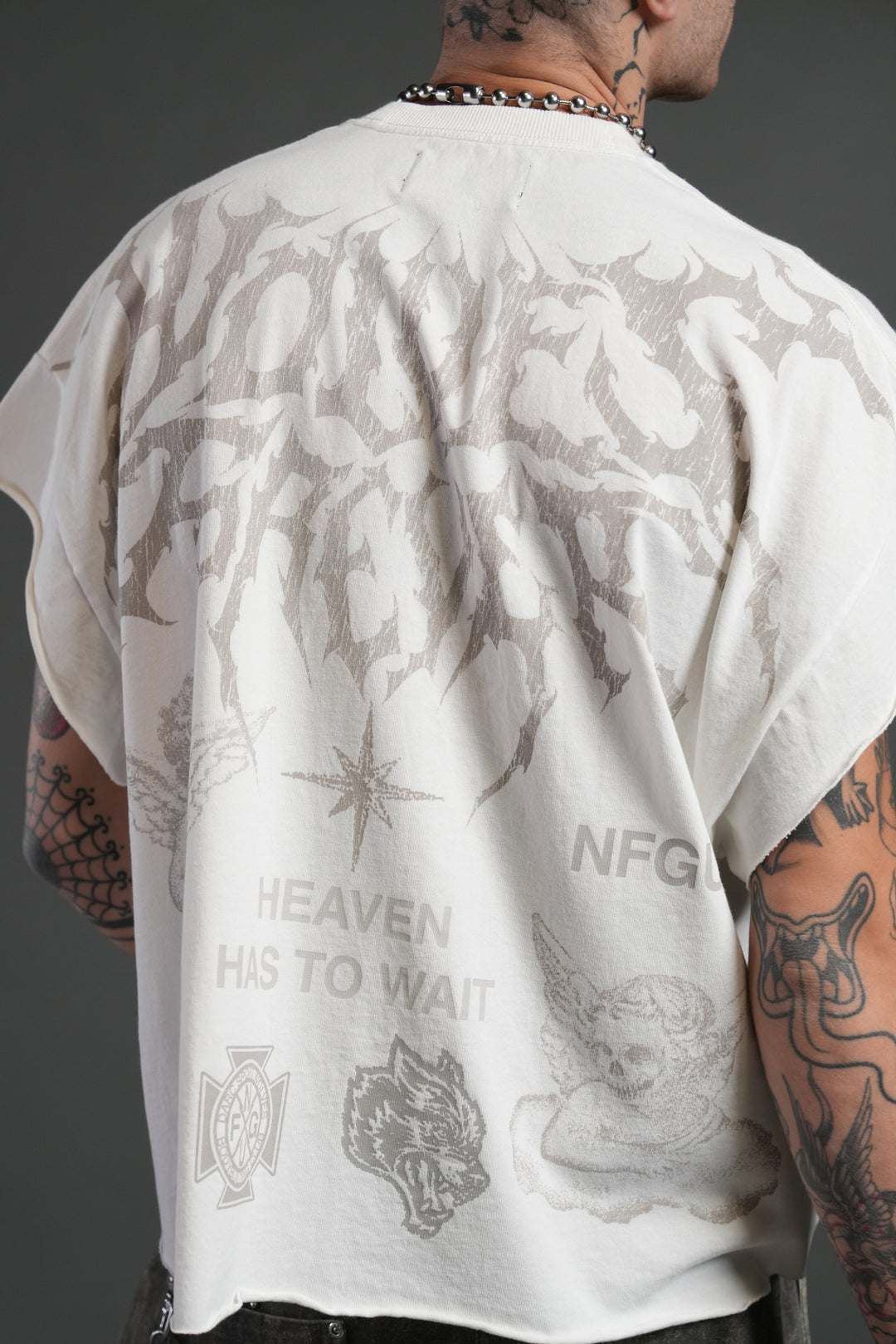 Sacred Flash Grunge Cut-Off Tee in Cream