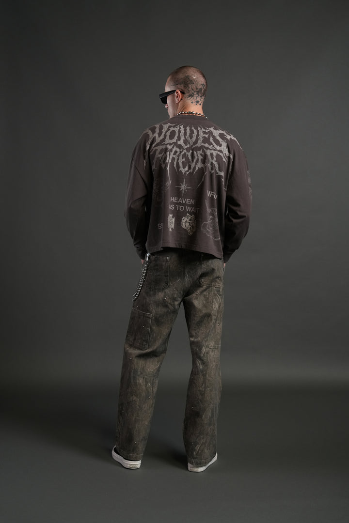 Sacred Flash Grunge "Box Cut" L/S Tee in Darc Brown Drift Wash