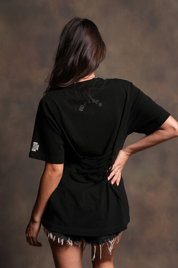 Our Clubs Oversized Lace Up Tee in Black