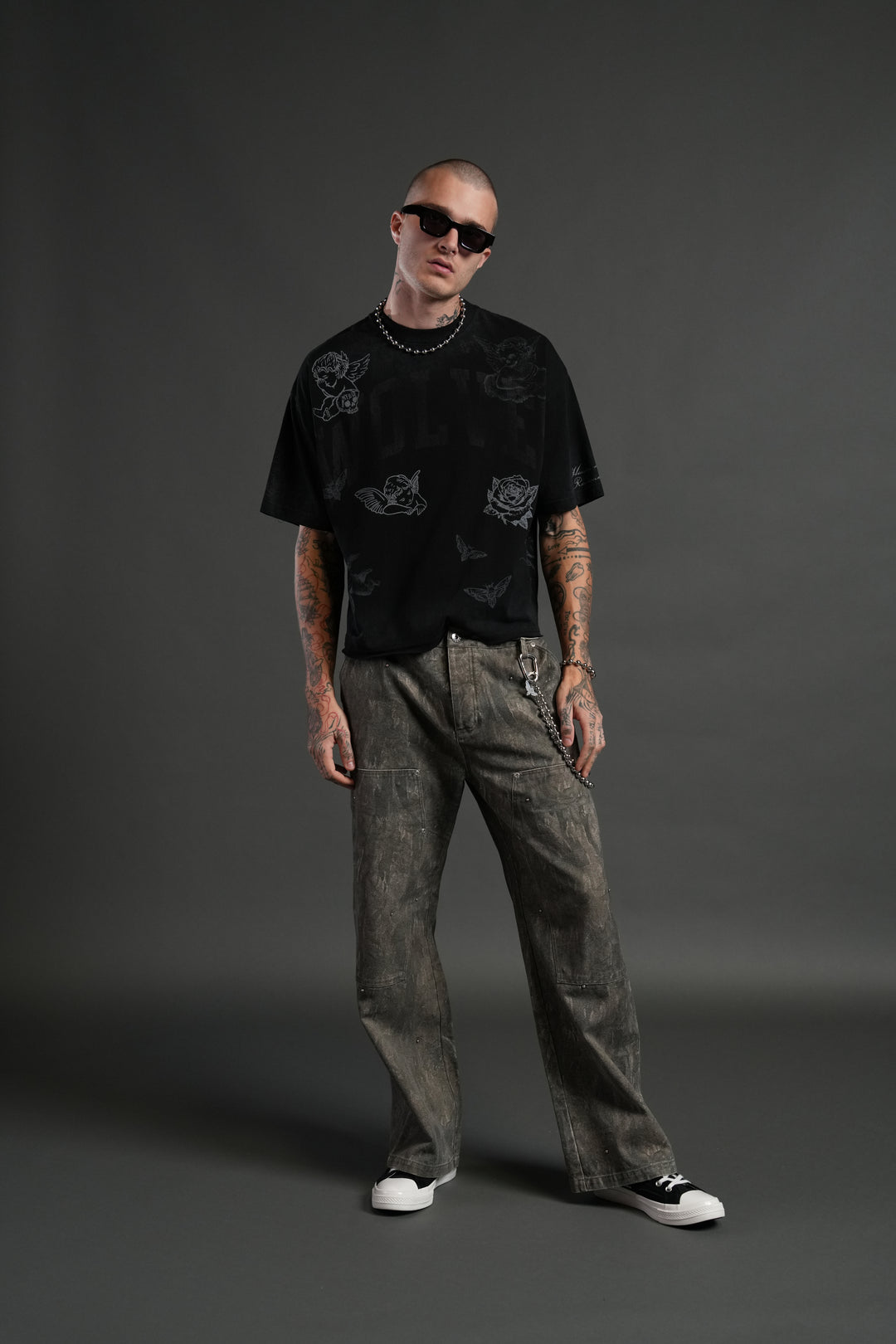 Fallen Cherub Grunge Raw Hem "Box Cut" Tee in Black Drift Wash