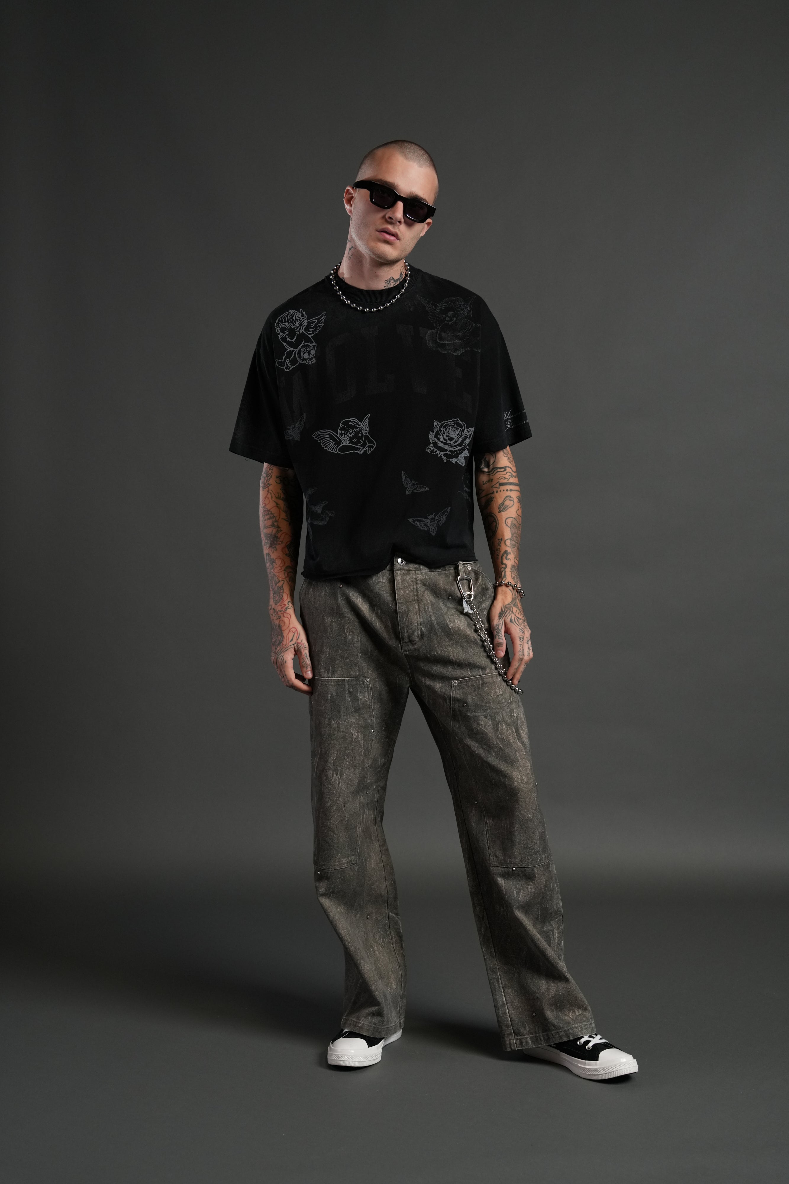Fallen Cherub Grunge Raw Hem "Box Cut" Tee in Black Drift Wash