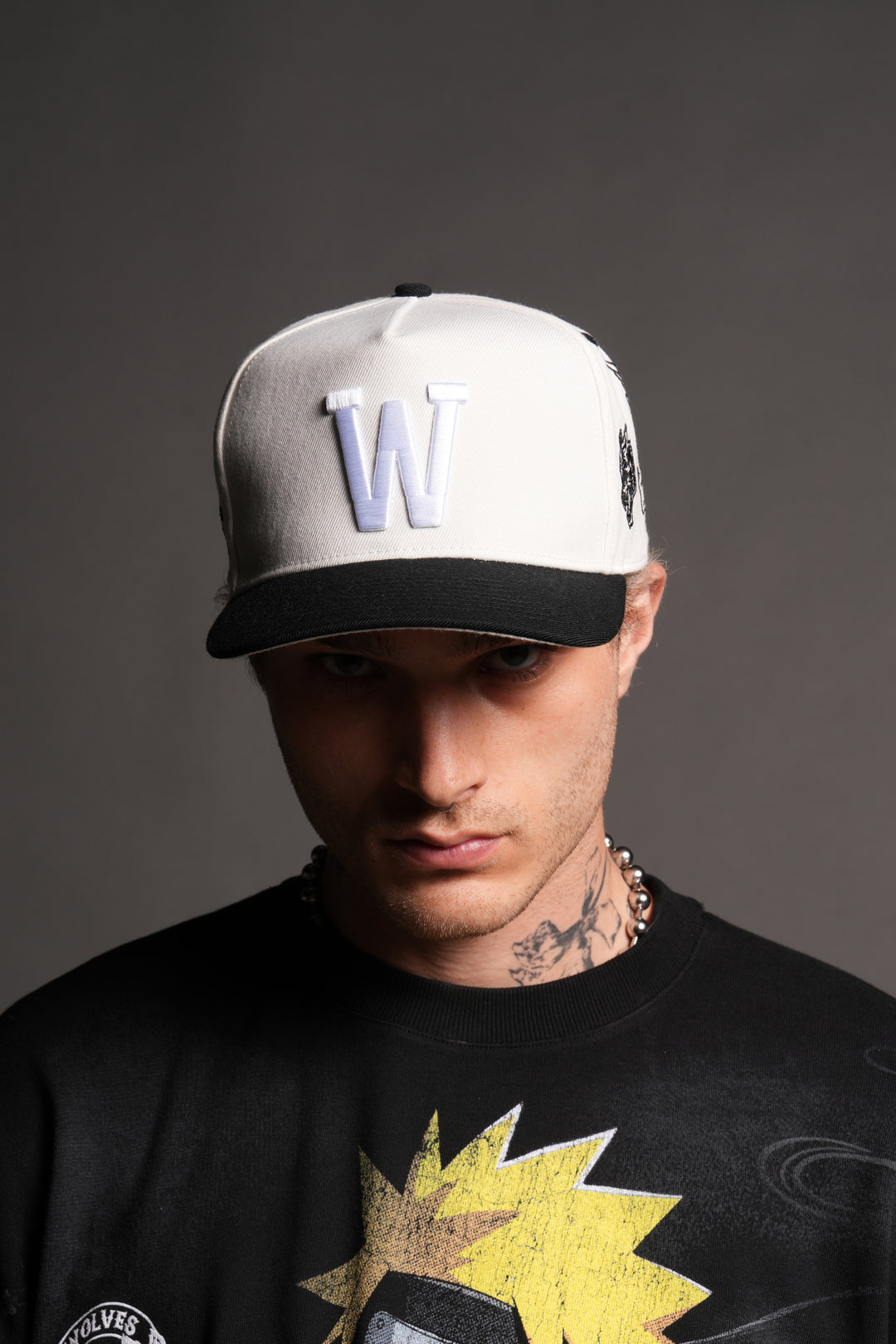 Kitsune and Oni Cherubs A Frame Snapback in Cream/Black