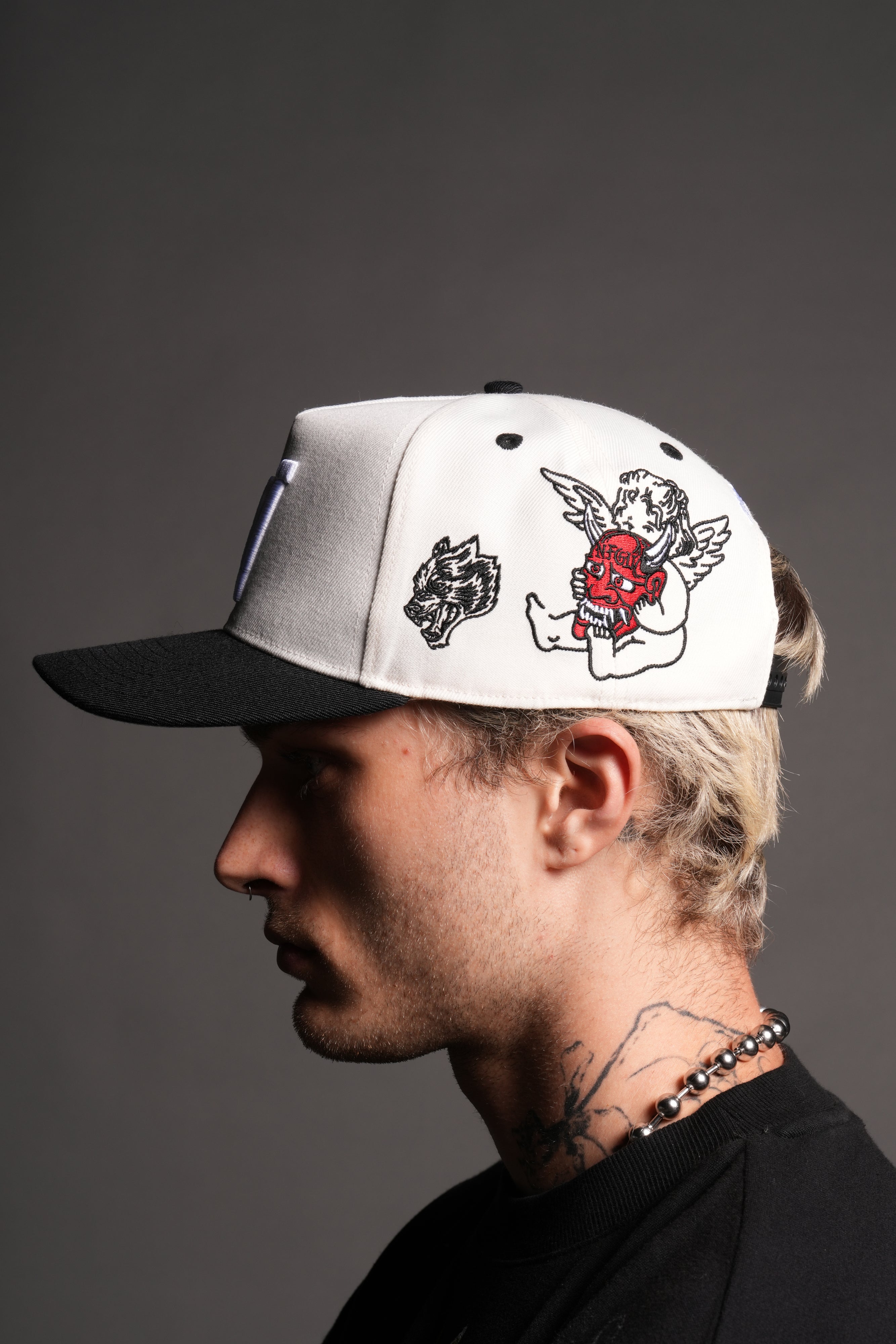 Kitsune and Oni Cherubs A Frame Snapback in Cream/Black