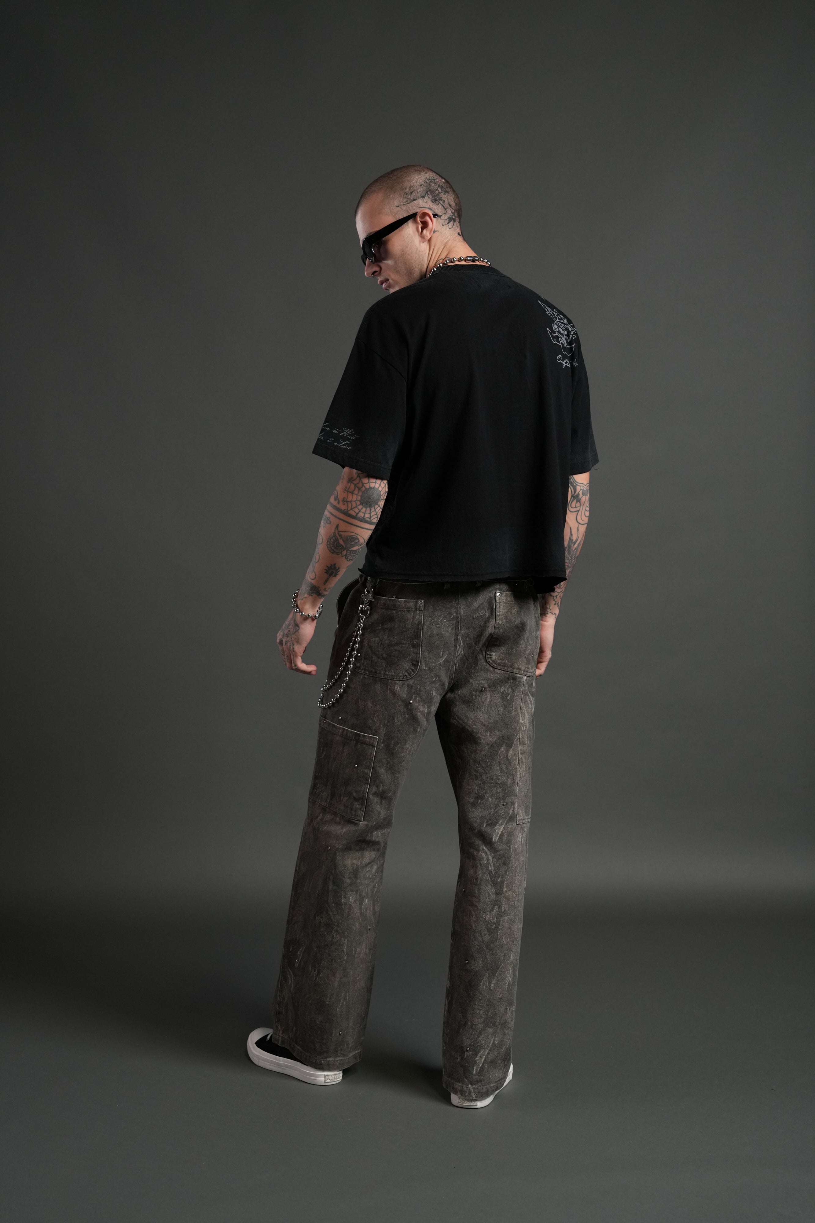 Fallen Cherub Grunge Raw Hem "Box Cut" Tee in Black Drift Wash