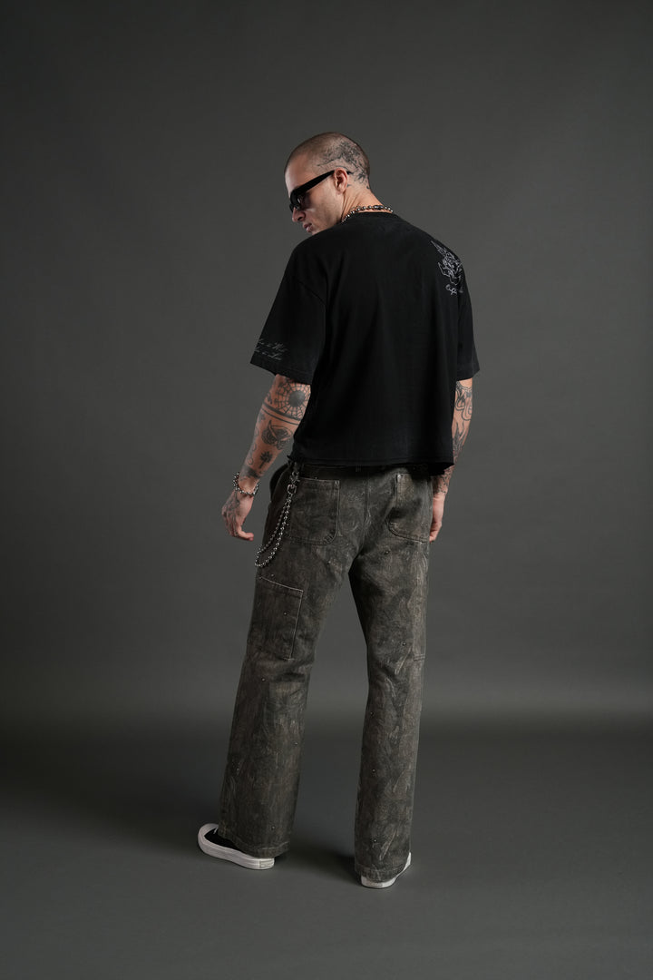 Fallen Cherub Grunge Raw Hem "Box Cut" Tee in Black Drift Wash