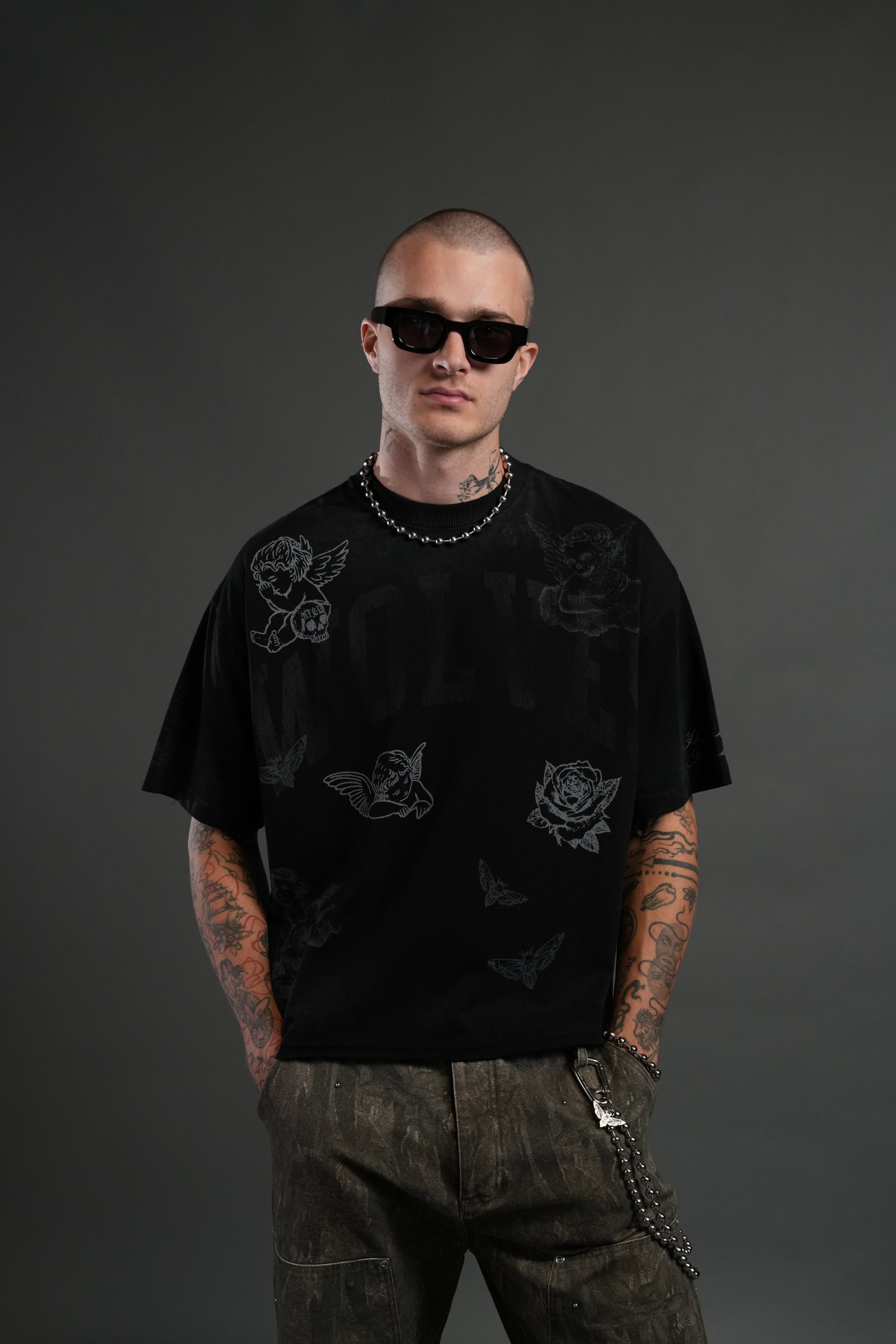 Fallen Cherub Grunge Raw Hem "Box Cut" Tee in Black Drift Wash