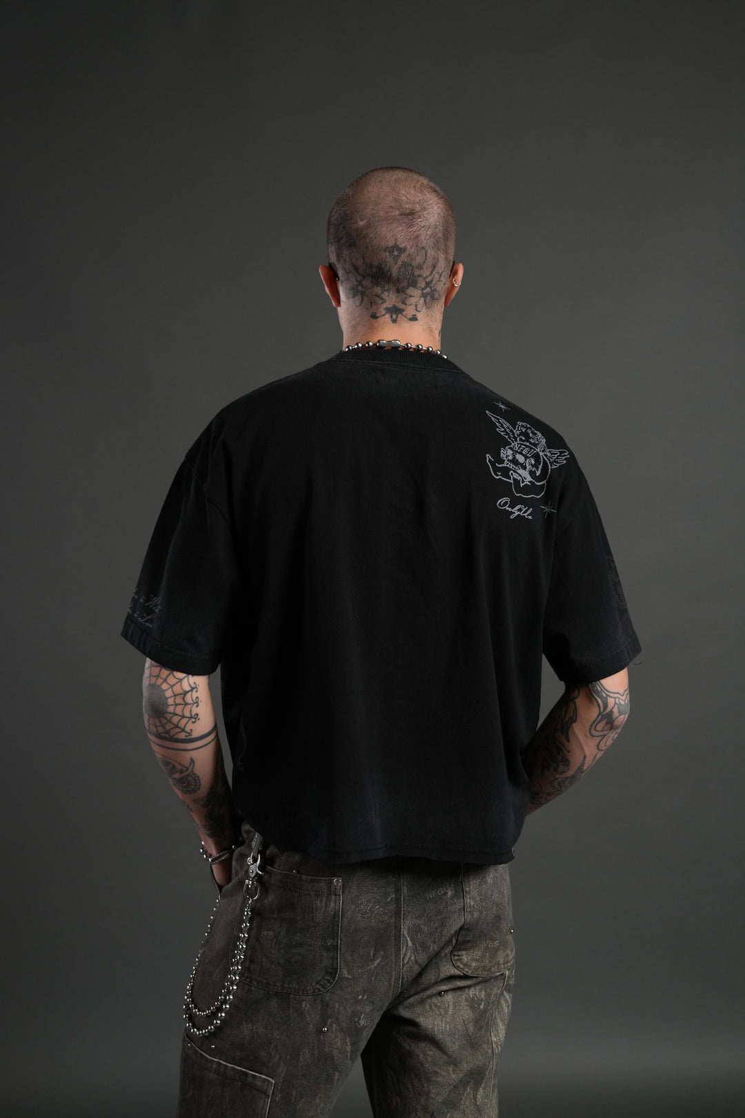 Fallen Cherub Grunge Raw Hem "Box Cut" Tee in Black Drift Wash