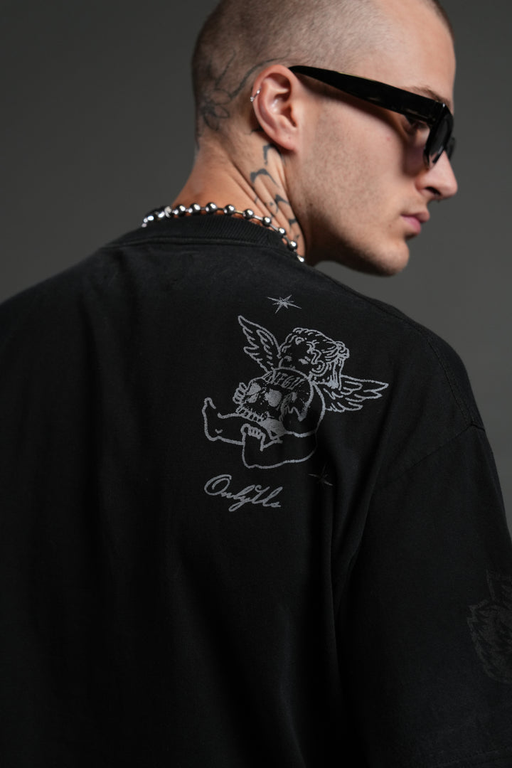 Fallen Cherub Grunge Raw Hem "Box Cut" Tee in Black Drift Wash