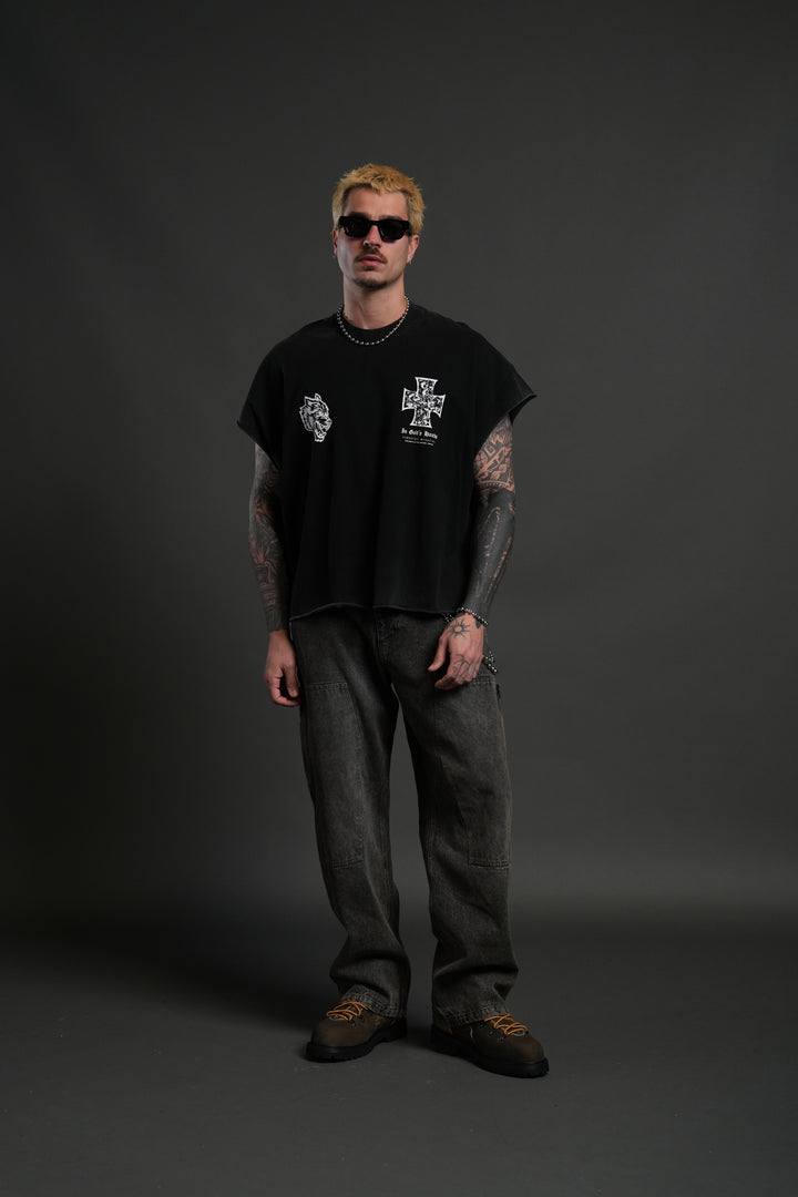 Iron Wolf Pack Grunge Cut-Off Tee in Black