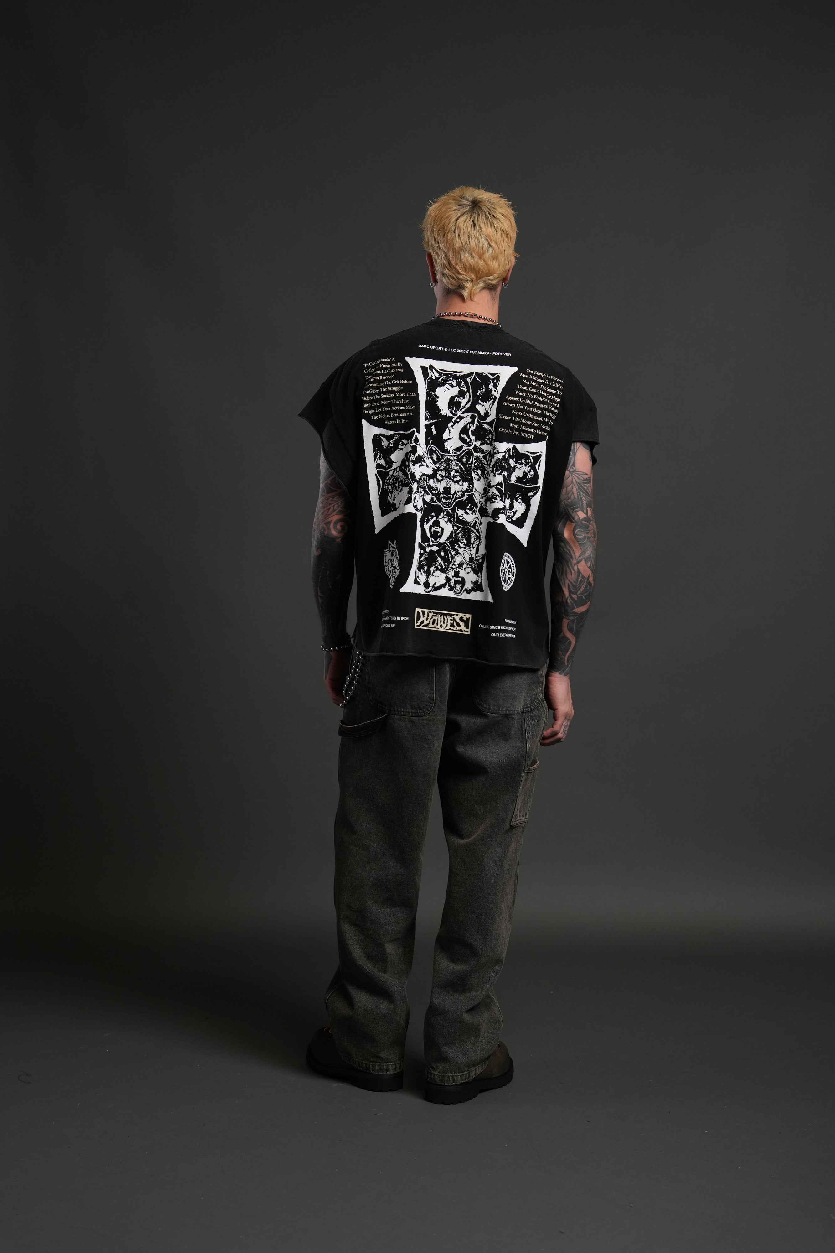 Iron Wolf Pack Grunge Cut-Off Tee in Black