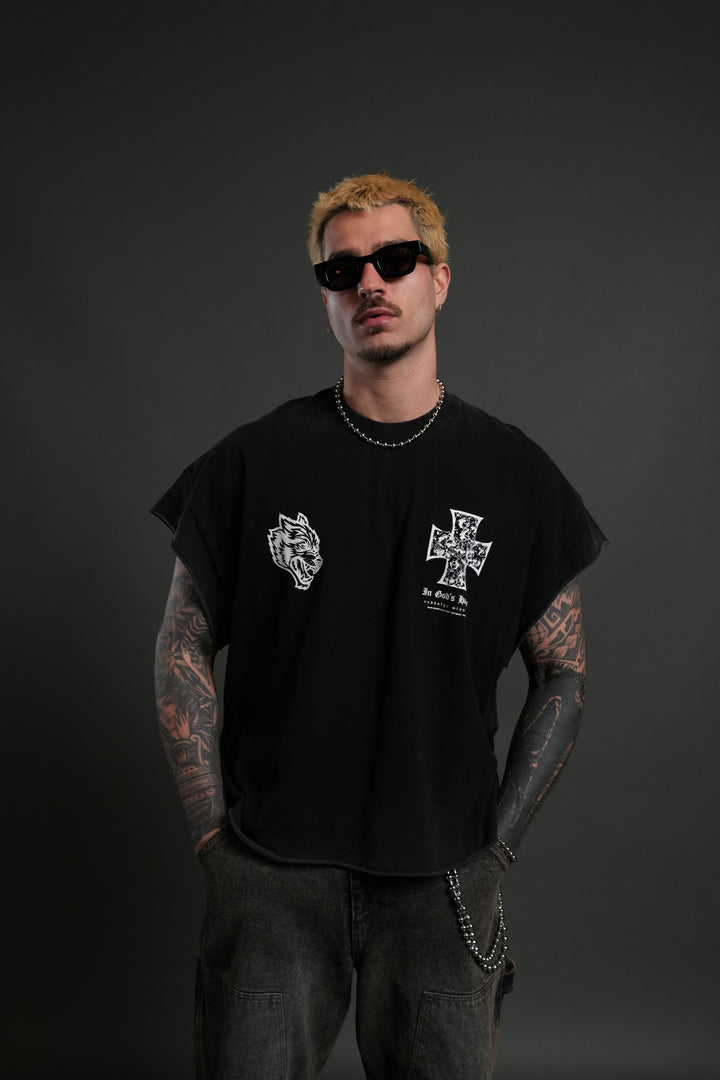 Iron Wolf Pack Grunge Cut-Off Tee in Black