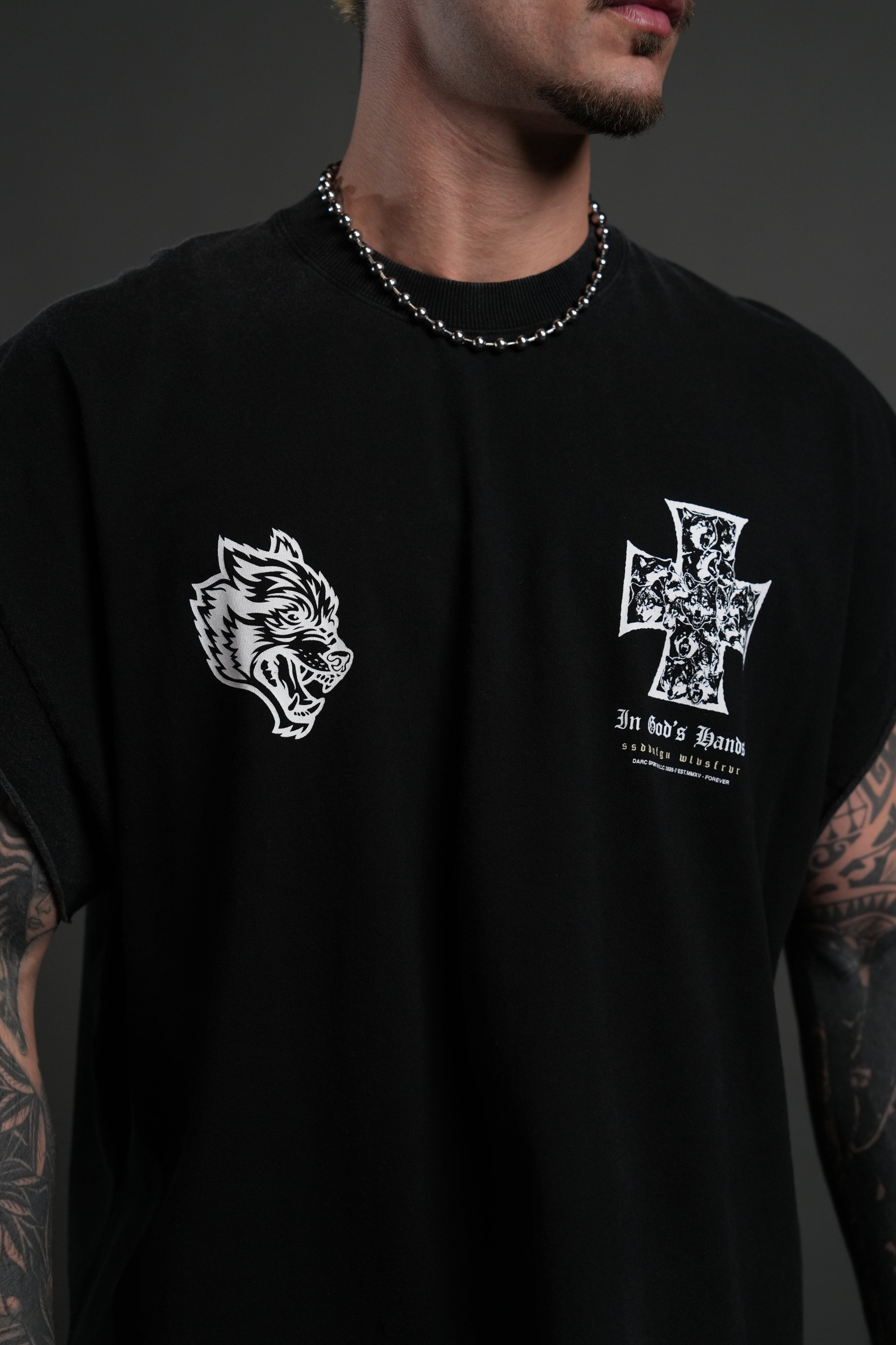 Iron Wolf Pack Grunge Cut-Off Tee in Black