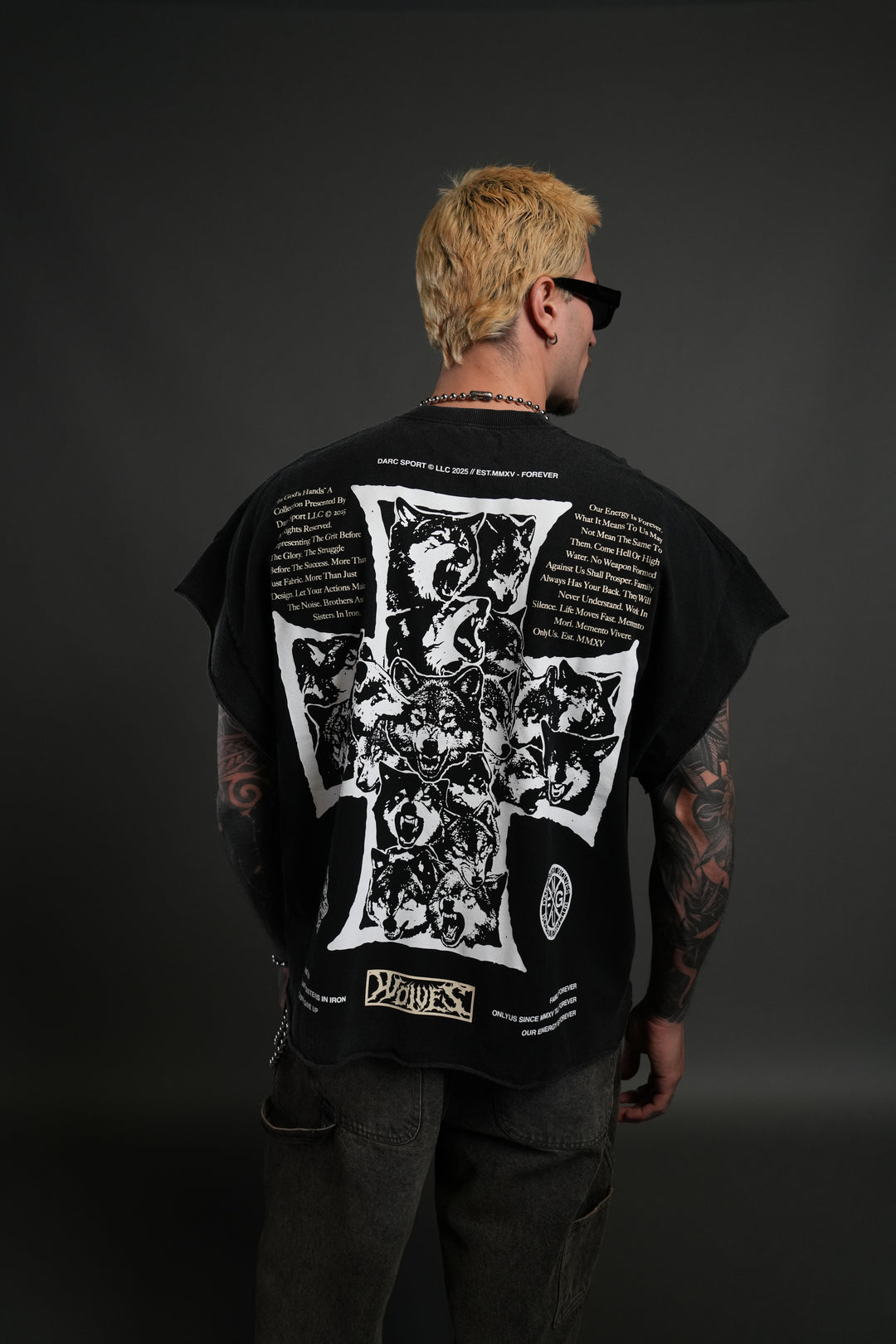 Iron Wolf Pack Grunge Cut-Off Tee in Black