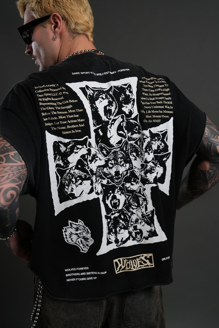 Iron Wolf Pack Grunge Cut-Off Tee in Black