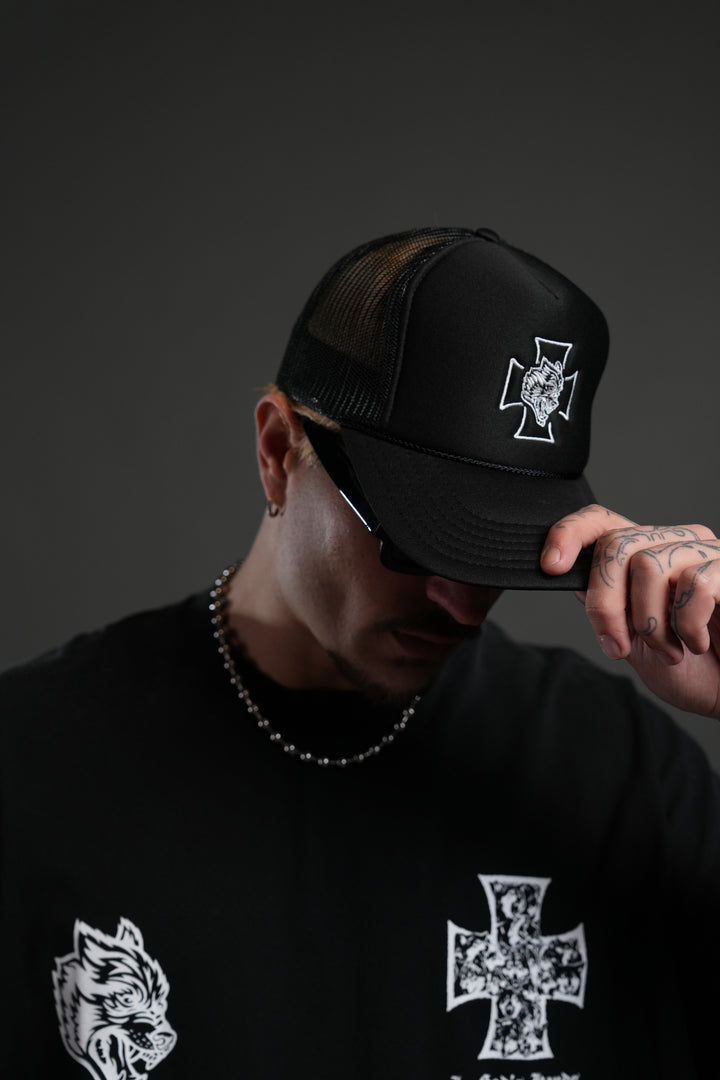 Iron Wolf Head Trucker Hat in Black