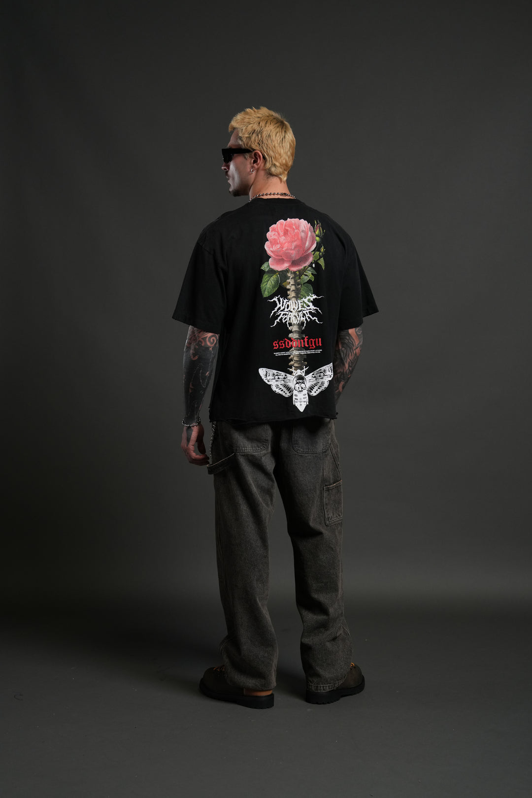 Mori Rose Distressed Grunge Tee in Black Drift Wash