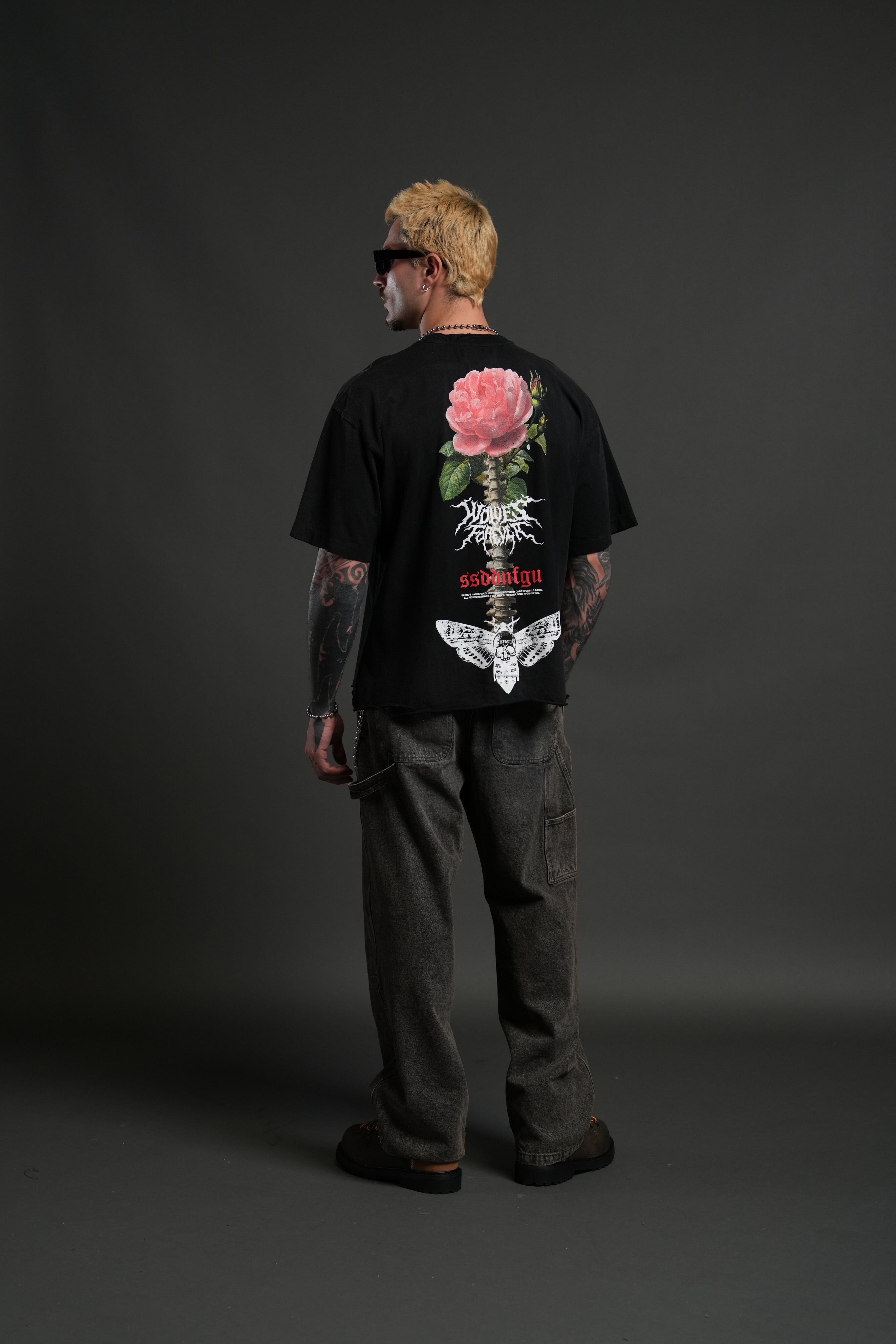 Mori Rose Distressed Grunge Tee in Black Drift Wash