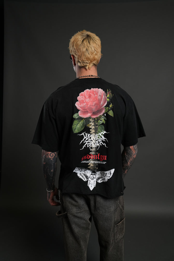 Mori Rose Distressed Grunge Tee in Black Drift Wash
