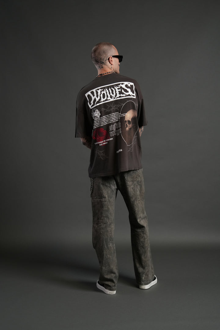 Skull Flower "Premium" Oversized Tee in Darc Brown Drift Wash