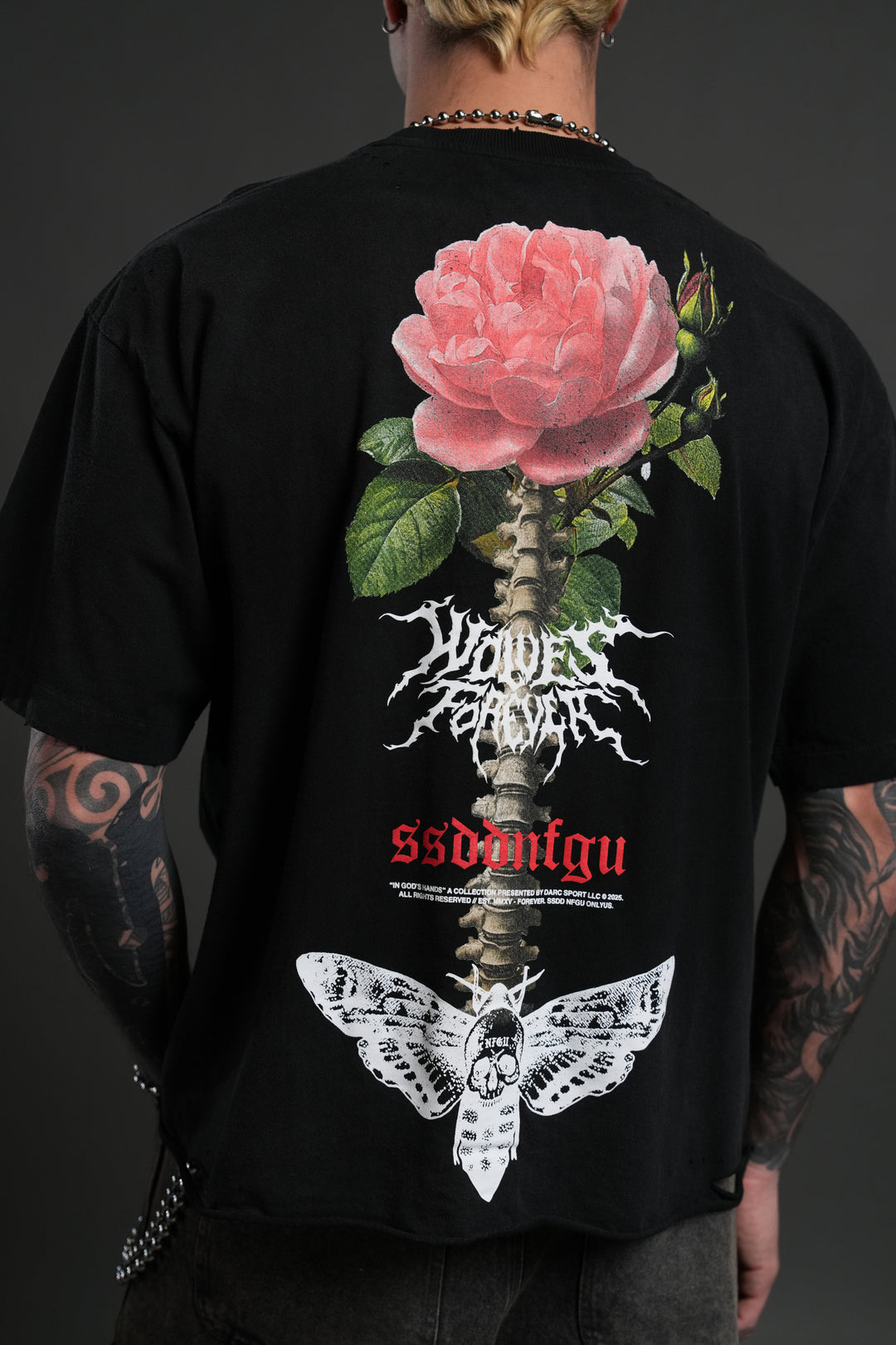 Mori Rose Distressed Grunge Tee in Black Drift Wash