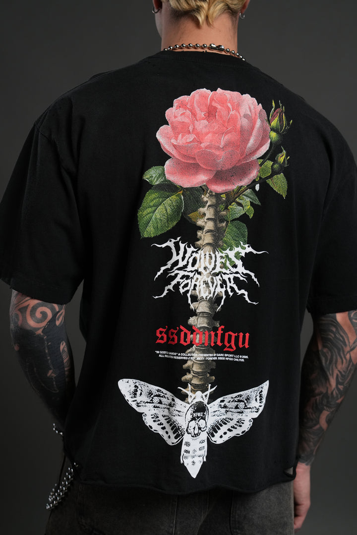 Mori Rose Distressed Grunge Tee in Black Drift Wash