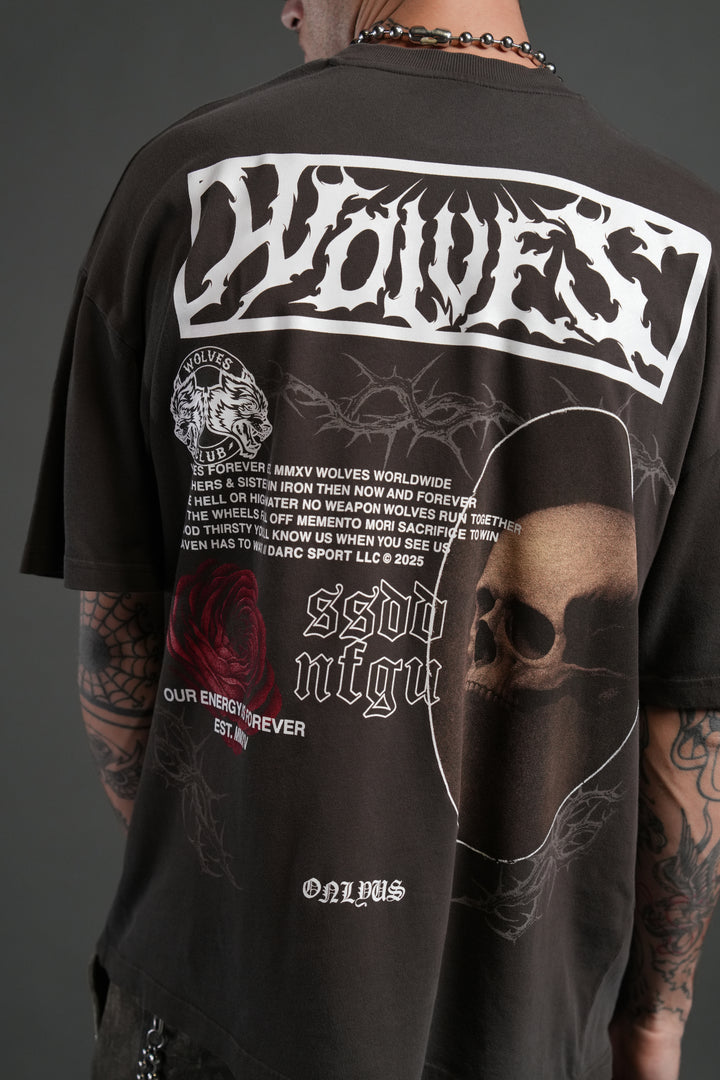 Skull Flower "Premium" Oversized Tee in Darc Brown Drift Wash