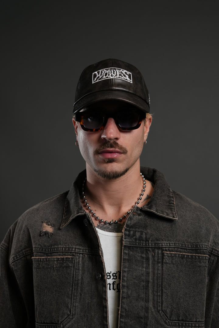 Midnight Wolves Faux Leather Dad Hat in Black