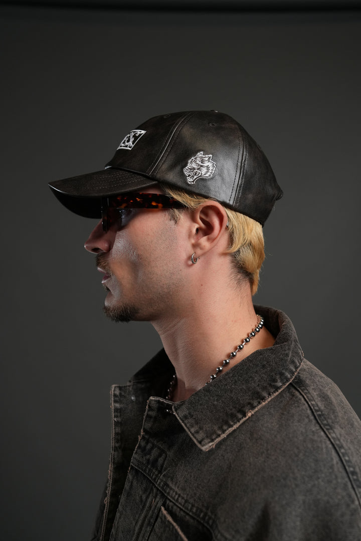 Midnight Wolves Faux Leather Dad Hat in Black
