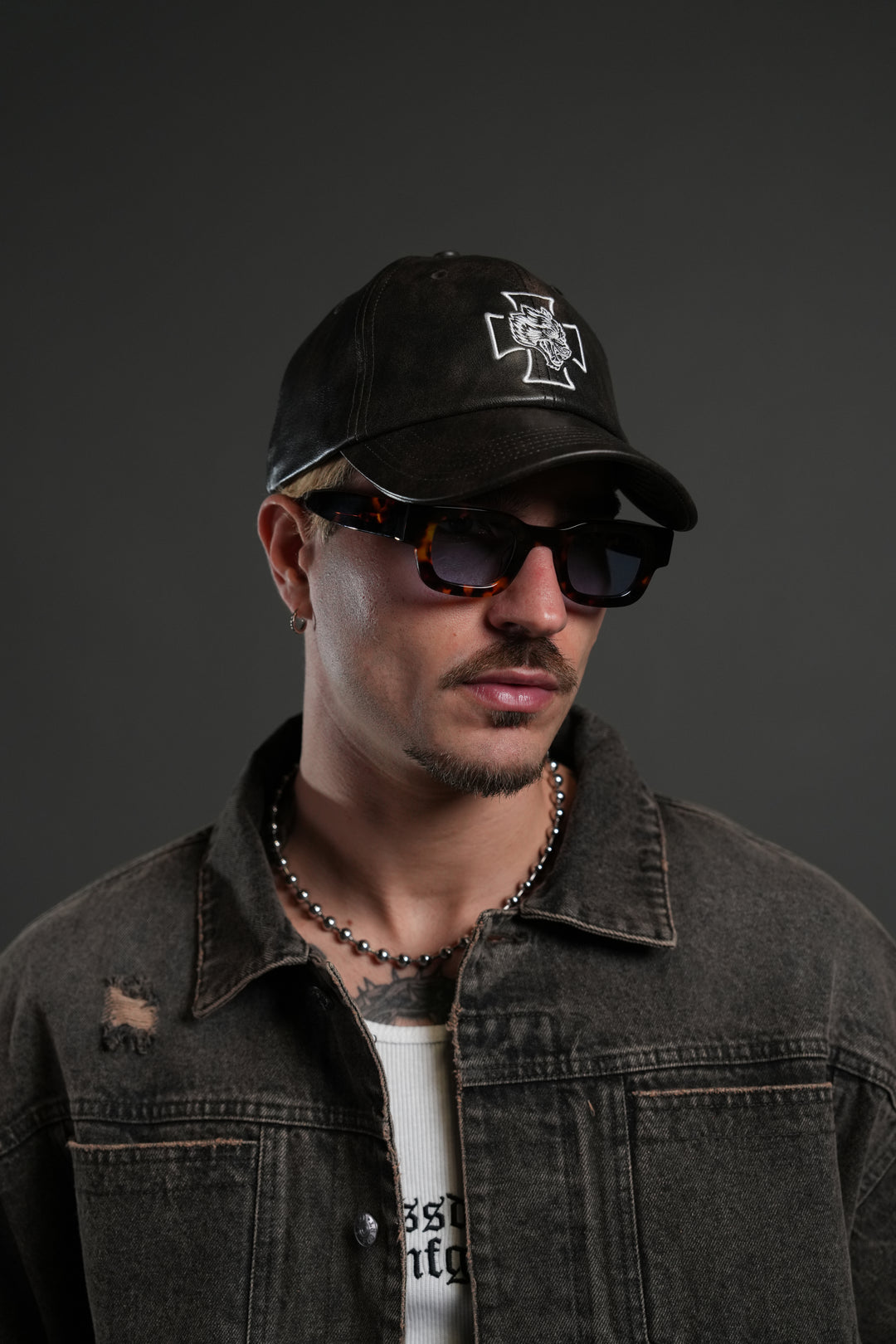 Iron Wolf Head Faux Leather Dad Hat in Black