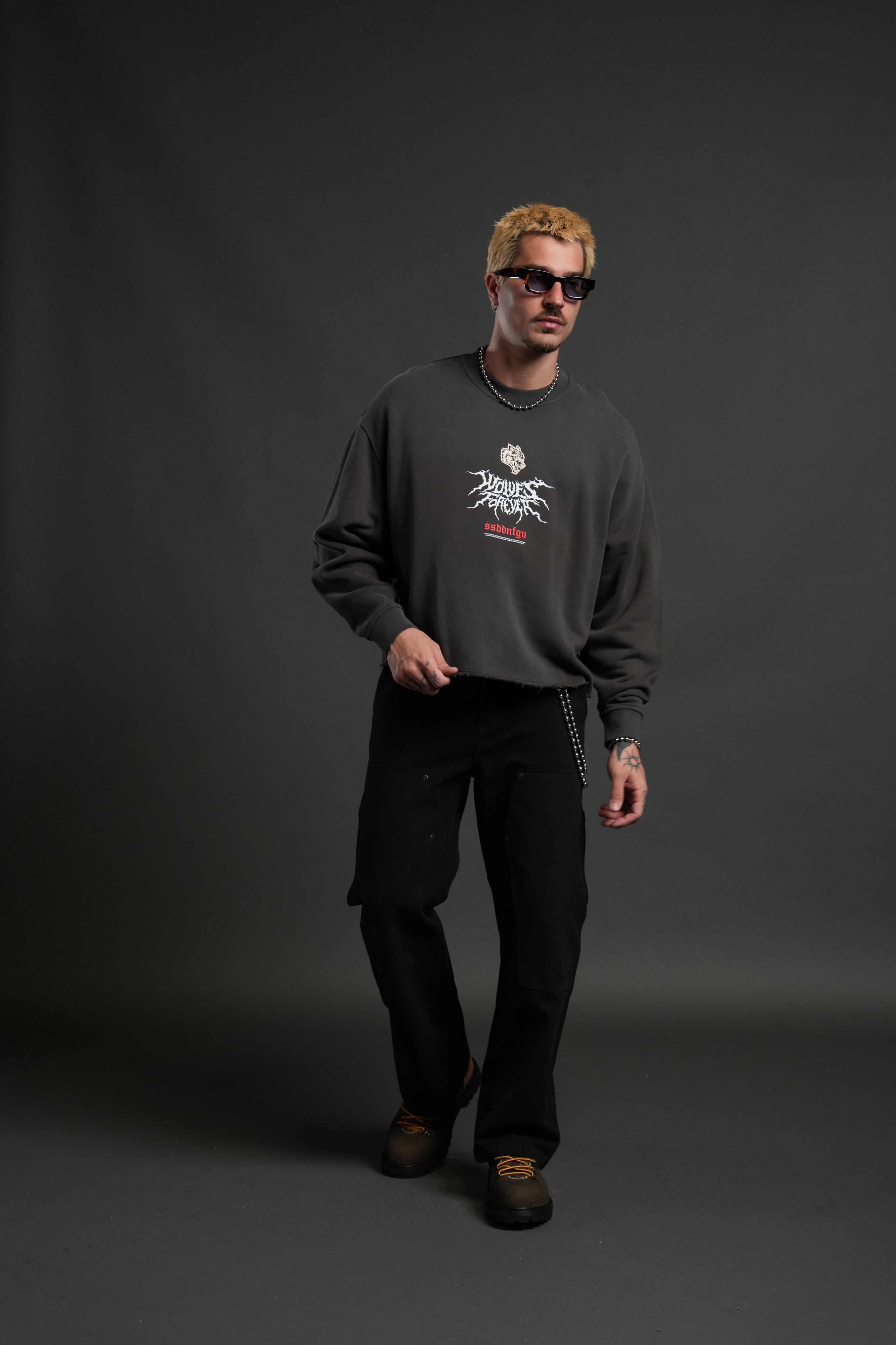 Mori Rose Raw Hem "Box Cut" Crewneck in Wolf Gray Drift Wash