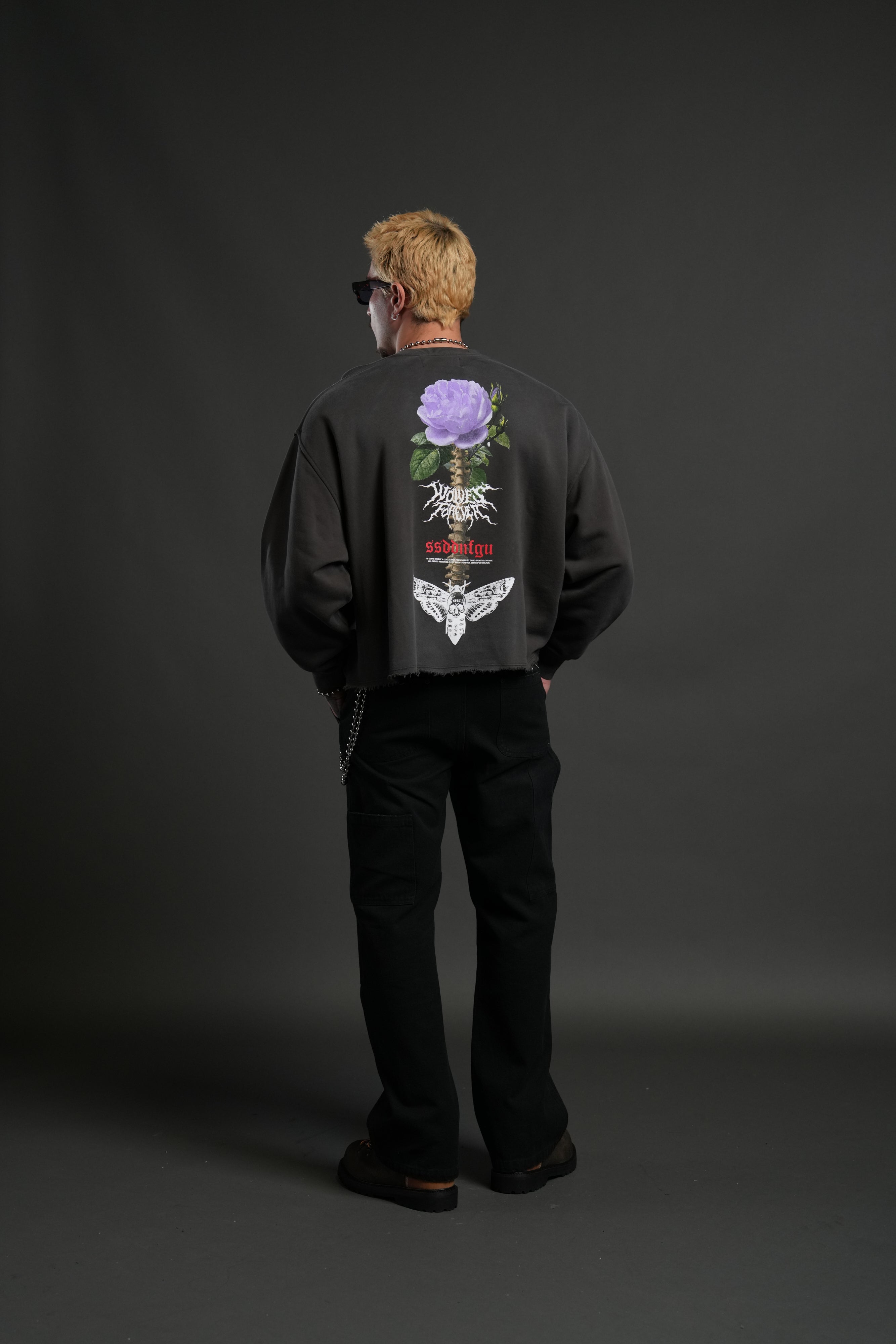 Mori Rose Raw Hem "Box Cut" Crewneck in Wolf Gray Drift Wash