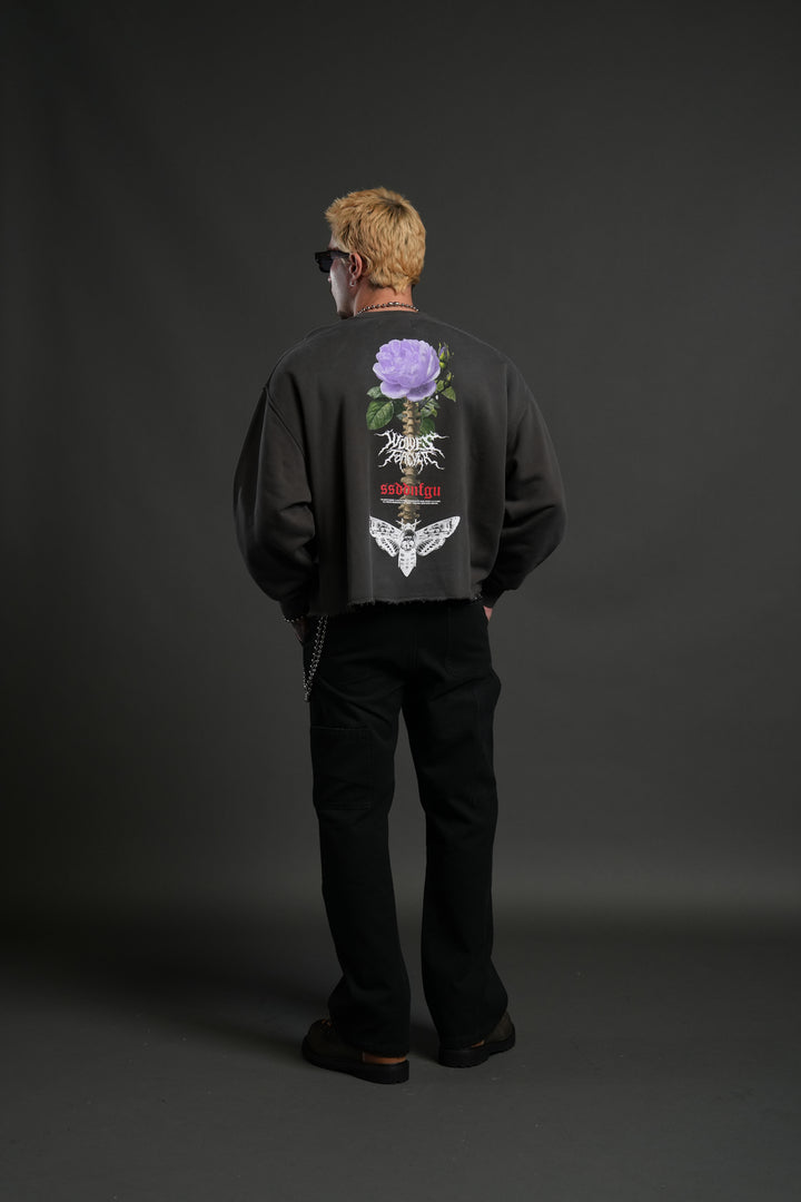 Mori Rose Raw Hem "Box Cut" Crewneck in Wolf Gray Drift Wash