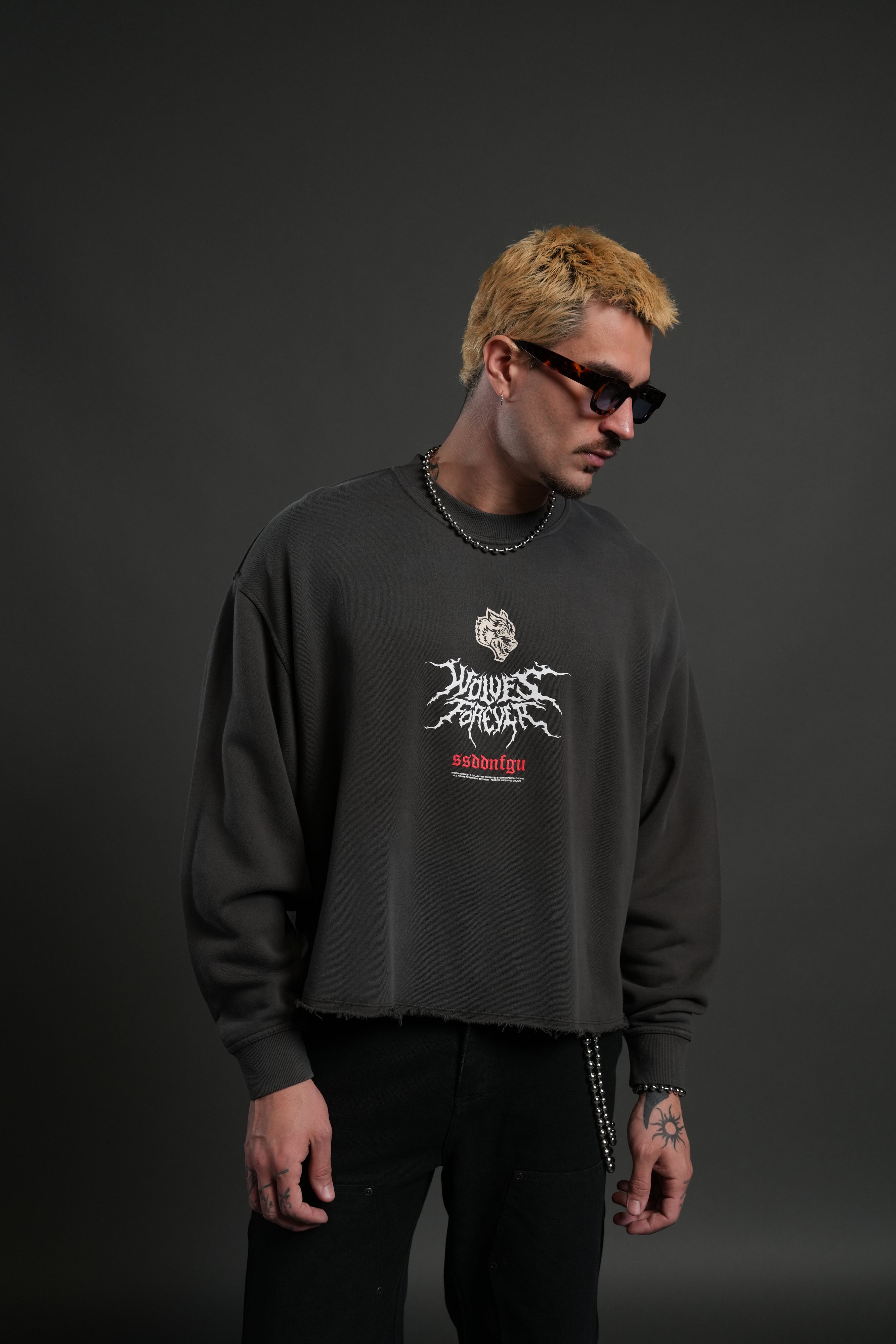 Mori Rose Raw Hem "Box Cut" Crewneck in Wolf Gray Drift Wash