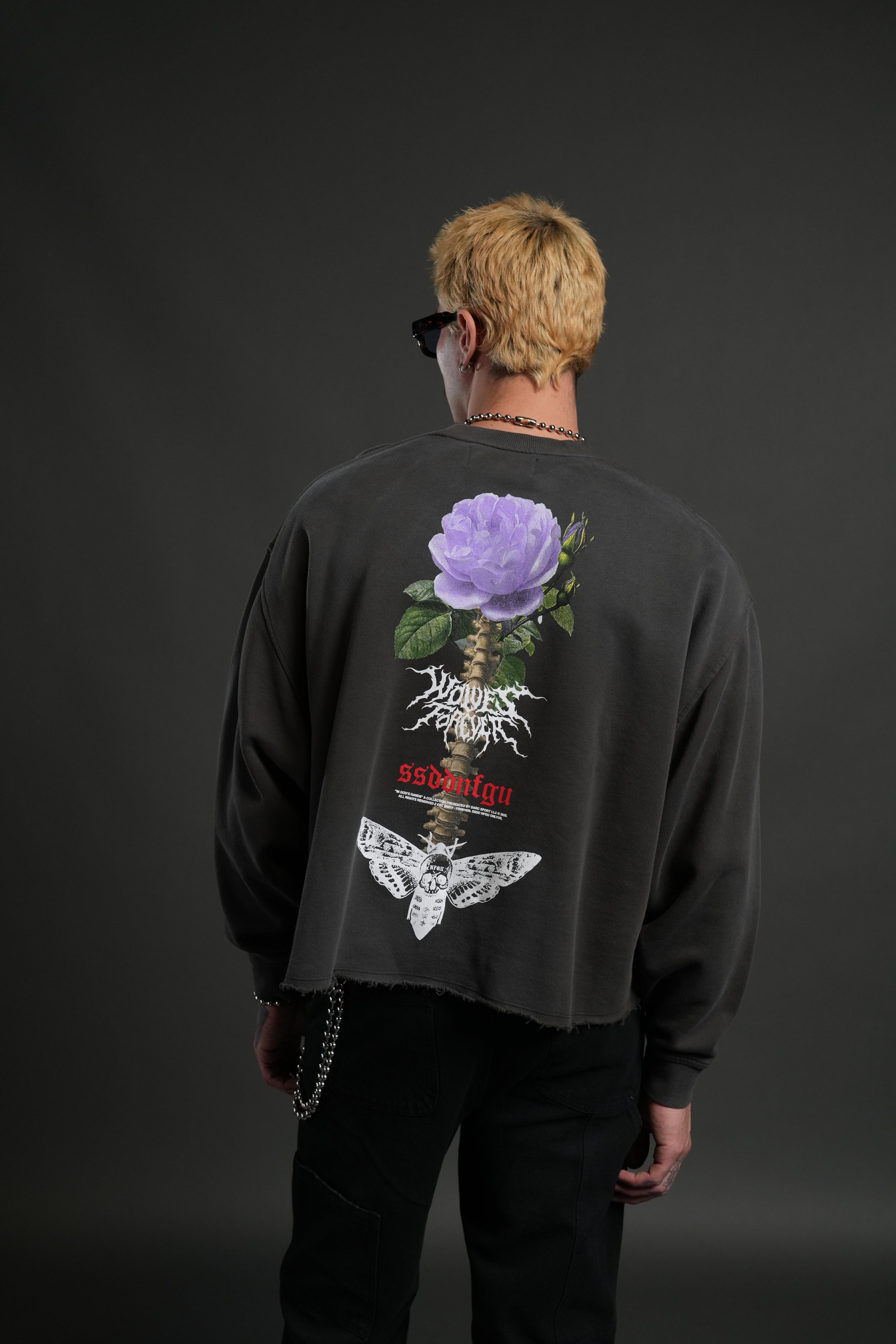 Mori Rose Raw Hem "Box Cut" Crewneck in Wolf Gray Drift Wash