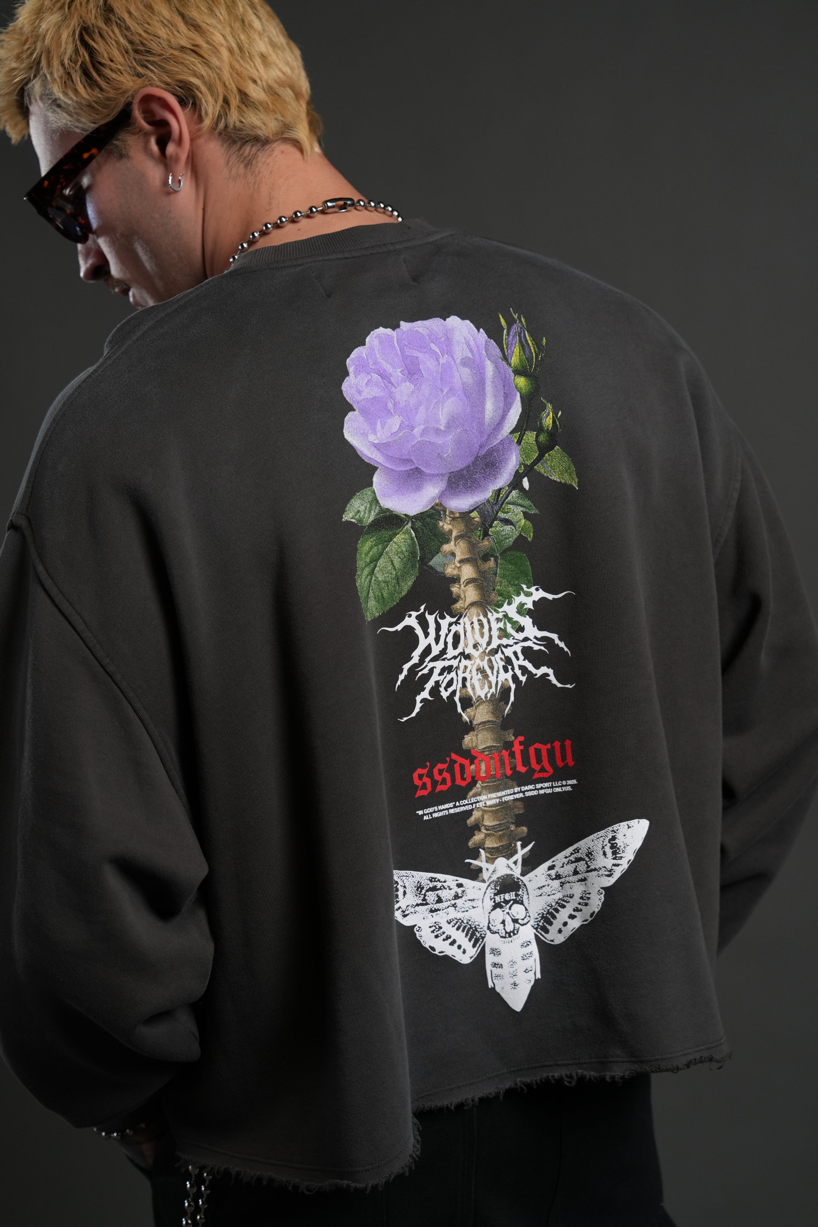 Mori Rose Raw Hem "Box Cut" Crewneck in Wolf Gray Drift Wash