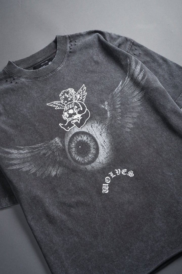 Flight Club Distressed Grunge Mid-Length Raw Hem Tee in Wolf Gray